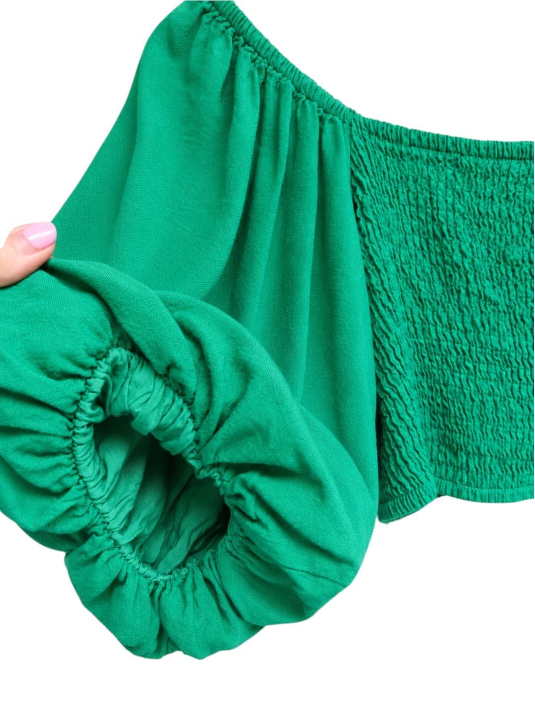 THANNE Womens Crop Top Size 12 Emerald Green Linen Cotton Puff Sleeve Shirred — photo 3 of 6