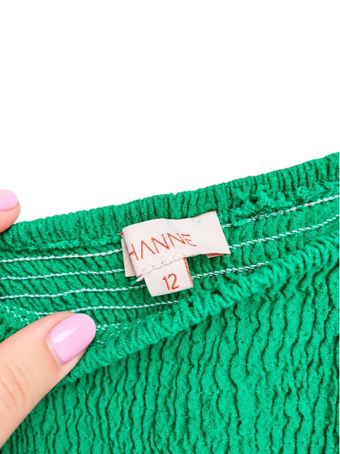 THANNE Womens Crop Top Size 12 Emerald Green Linen Cotton Puff Sleeve Shirred — photo 5 of 6