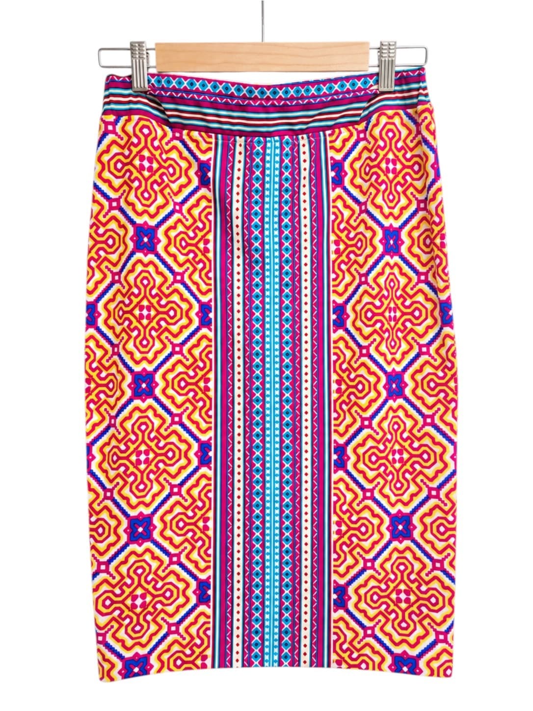 TIGERLILY Purple Multicolour Geometric Print Stretch Pencil Midi Skirt Size L — photo 1 of 6