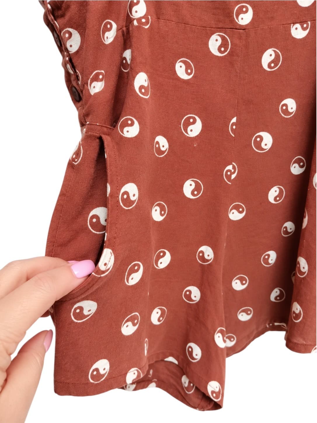 Tree of Life Womens Playsuit S/M Brown Yin Yang Print Cotton Boho Romper — photo 4 of 7