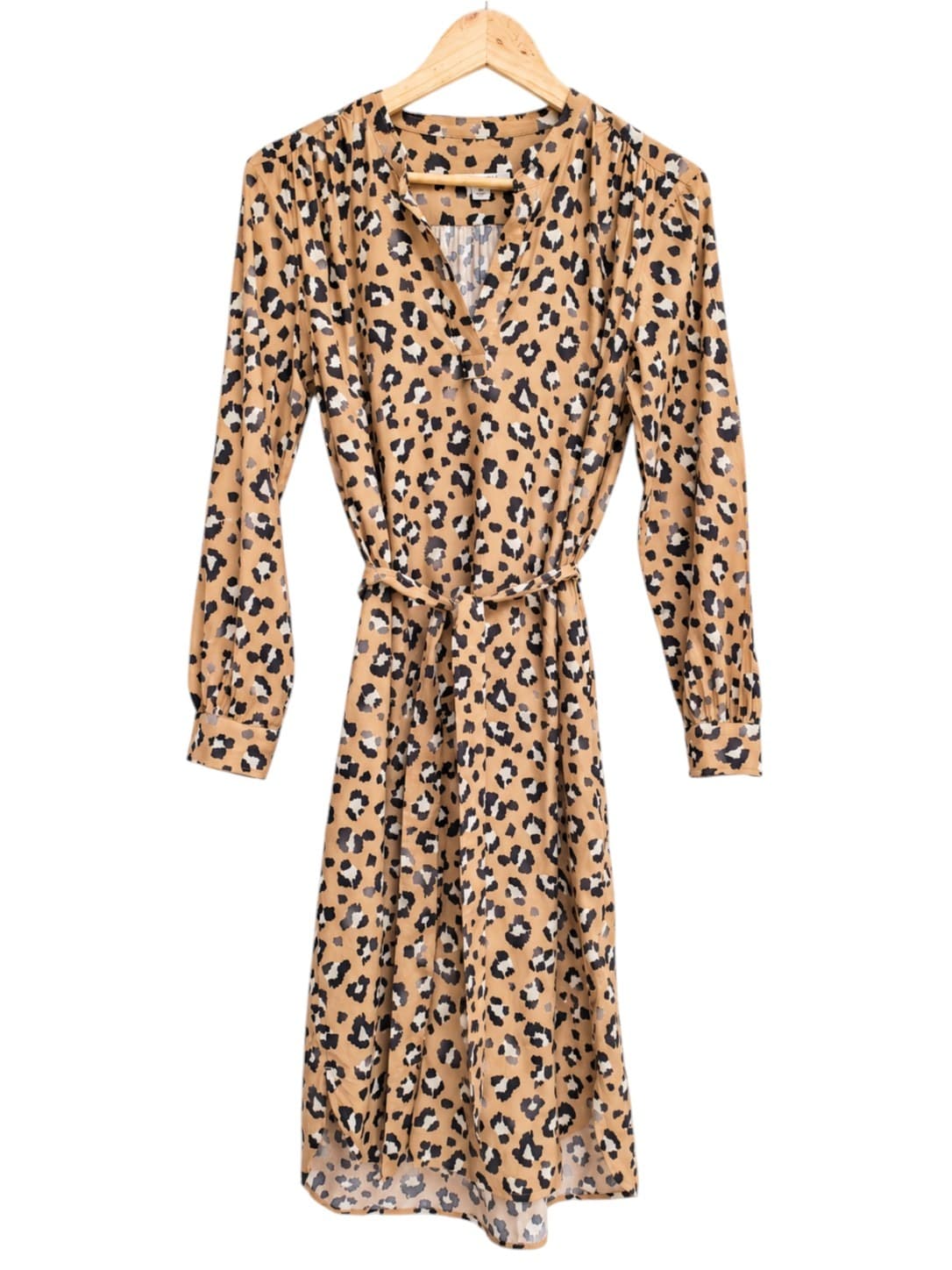 Trenery Leopard Print Midi Dress Womens 10 Tan Black Belted Long Sleeve — photo 2 of 5