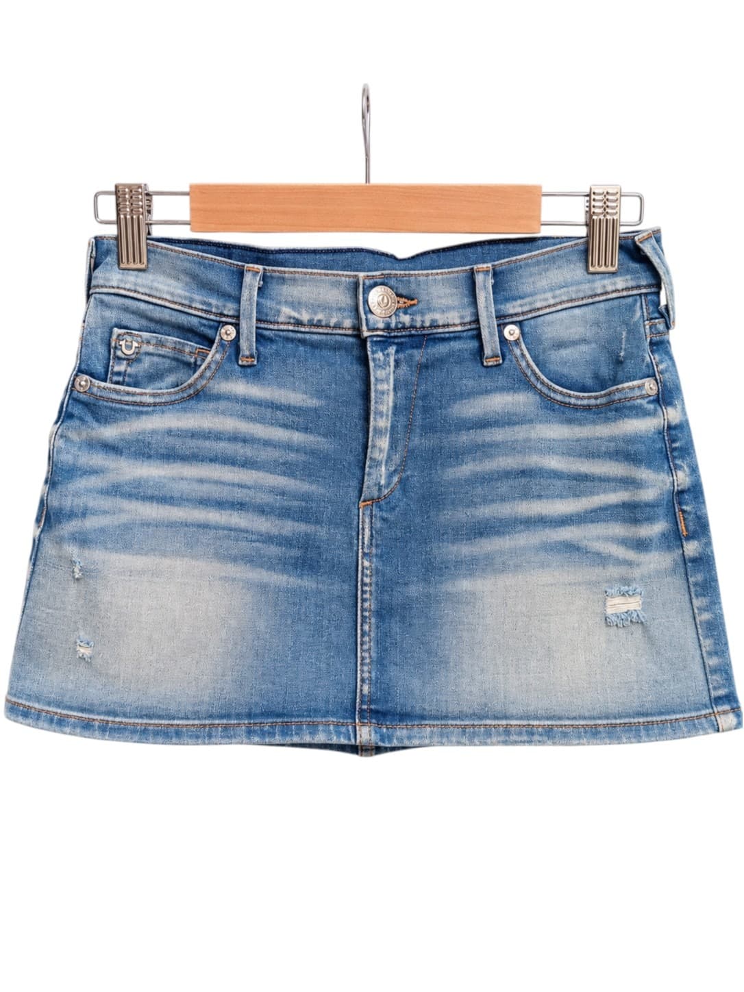 True Religion Womens Denim Mini Skirt Size 27 Blue Distressed Y2K Made USA — photo 1 of 9