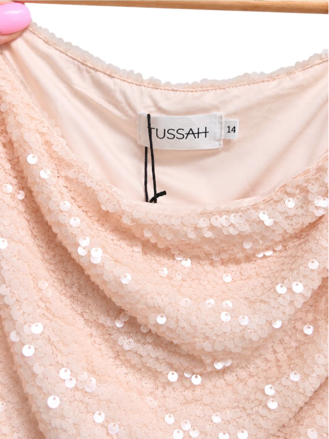 Tussah Bento Mini Dress Size 14 Pale Pink Sequin One Shoulder Cowl Party — photo 7 of 10