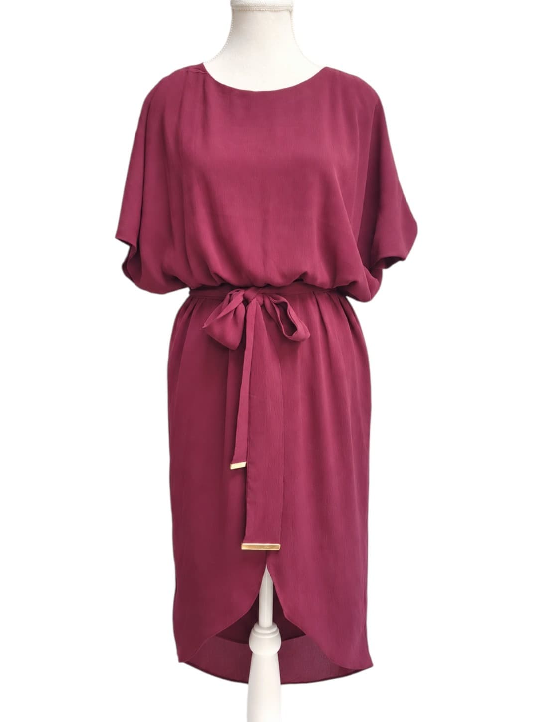 TUSSAH Burgundy Dolman Sleeve Tie Waist Tulip Hem Midi Dress Size 10 — photo 2 of 8