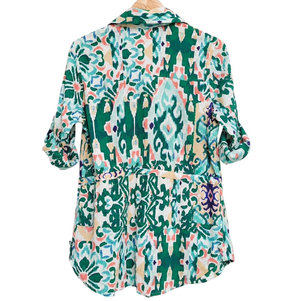 VICTORIA HILL Green Abstract Print Button Down Tie Waist Blouse Size 10 — photo 4 of 9