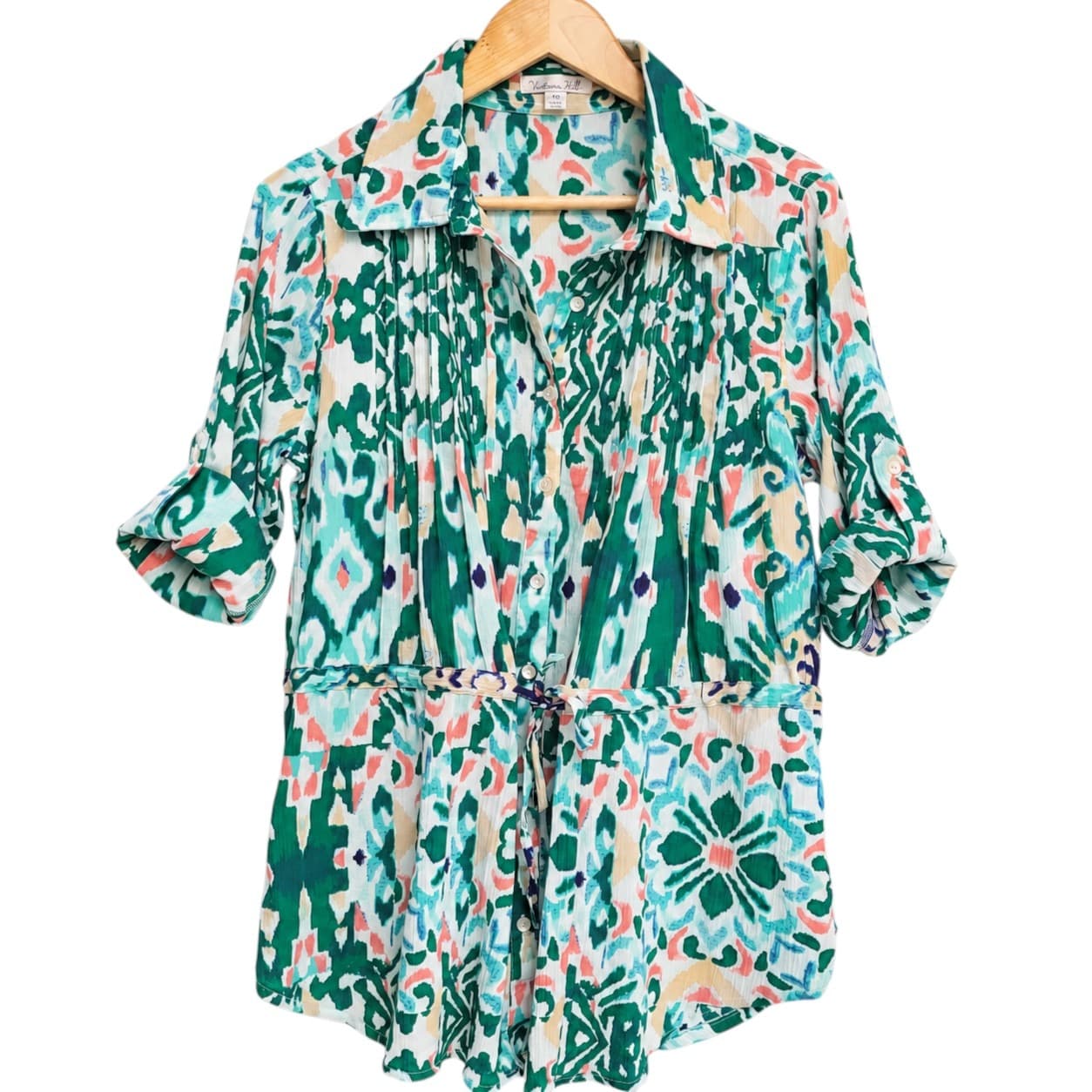 VICTORIA HILL Green Abstract Print Button Down Tie Waist Blouse Size 10 — photo 2 of 9