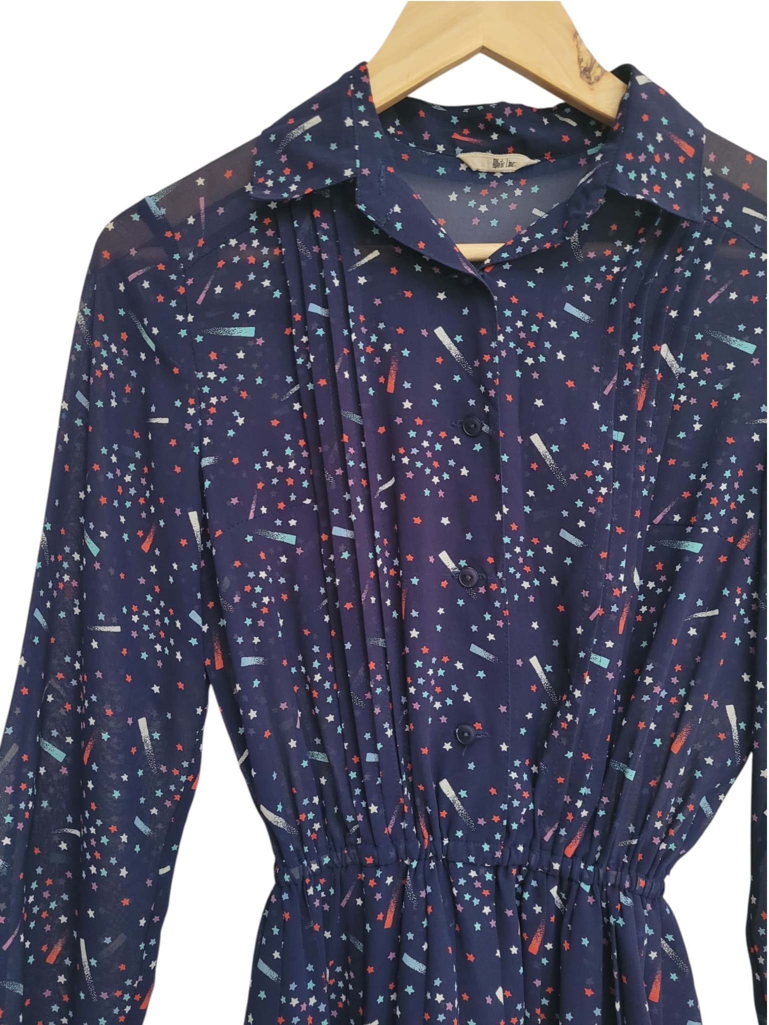 Vintage 1970s Japanese Navy Star Print Long Sleeve Shirt Dress — photo 1 of 9