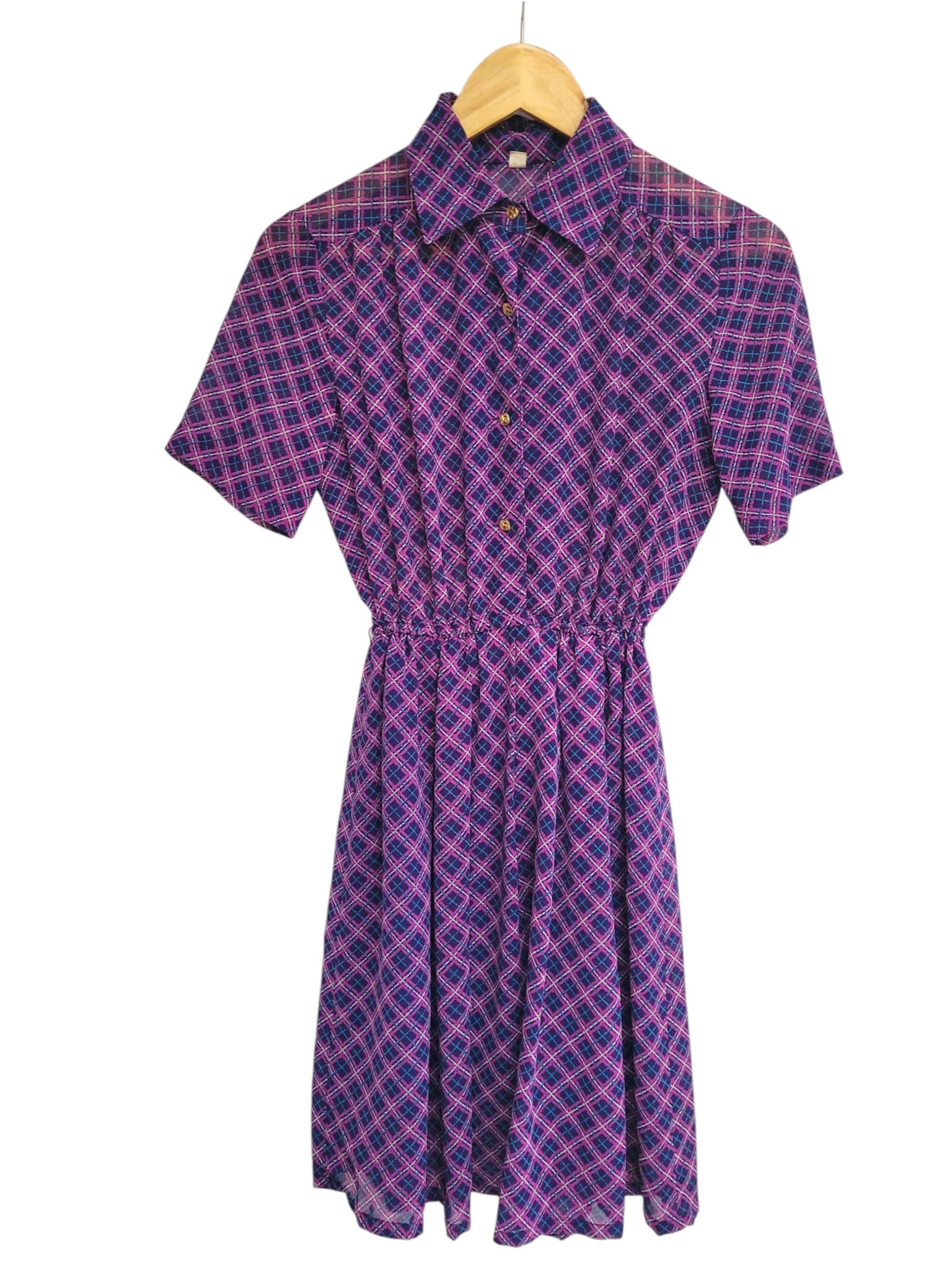 Vintage 1970s Japanese Purple Blue Plaid Shirt Dress Size 9 approx Aus 6 — photo 1 of 6