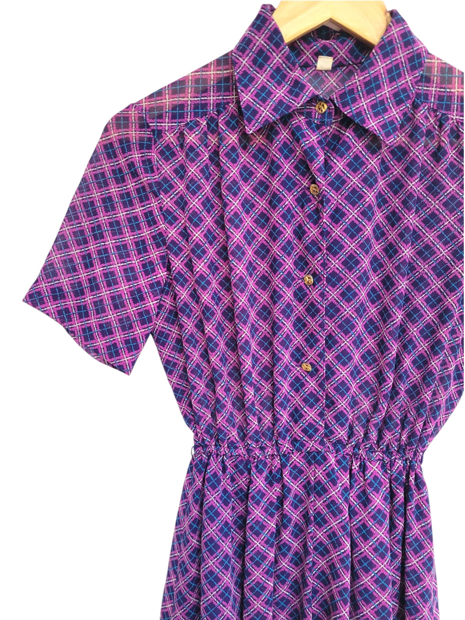 Vintage 1970s Japanese Purple Blue Plaid Shirt Dress Size 9 approx Aus 6 — photo 2 of 6