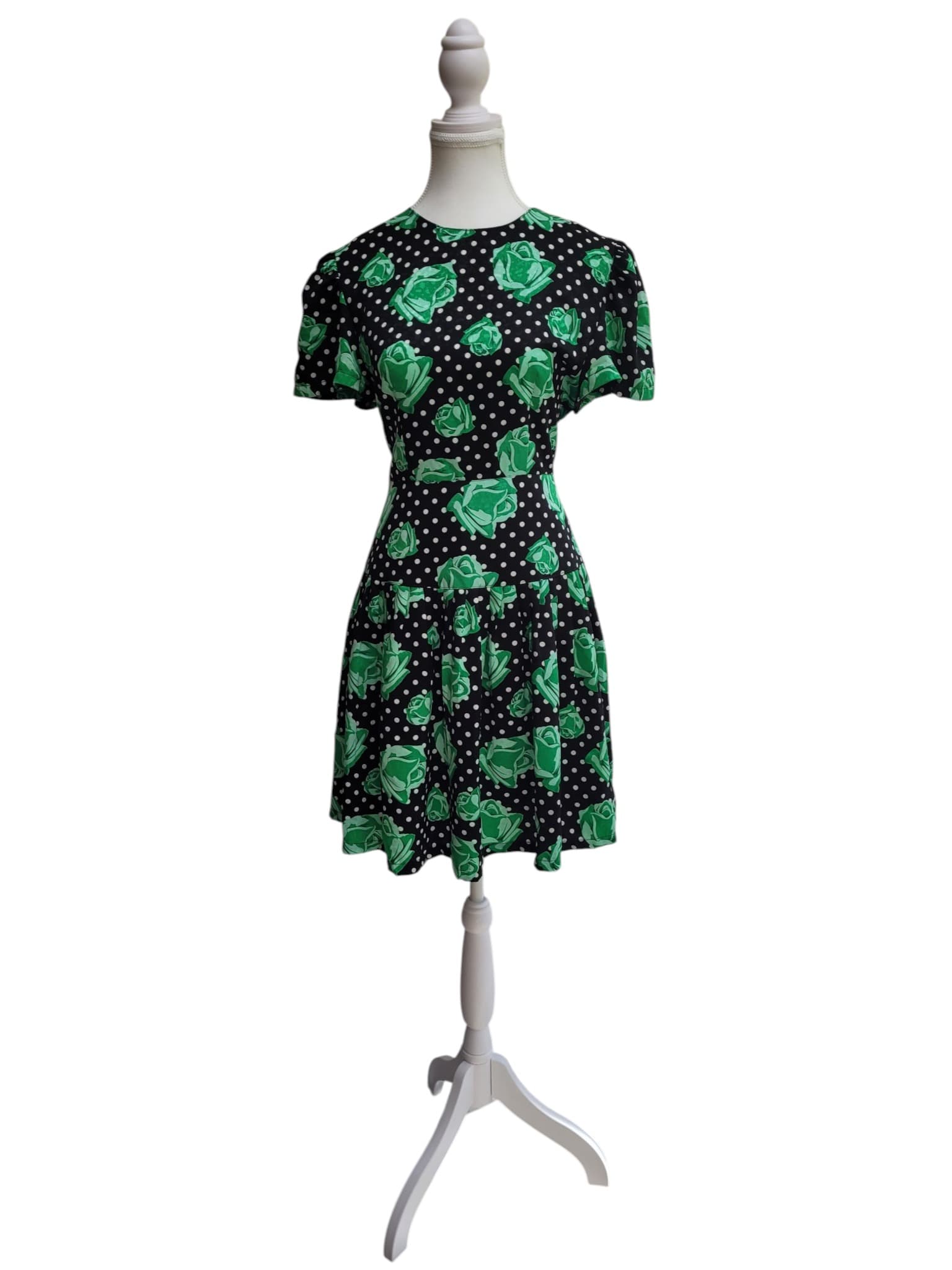 VINTAGE 1980s BONDER Black Green Rose Polka Dot Drop Waist Mini Dress — photo 2 of 7