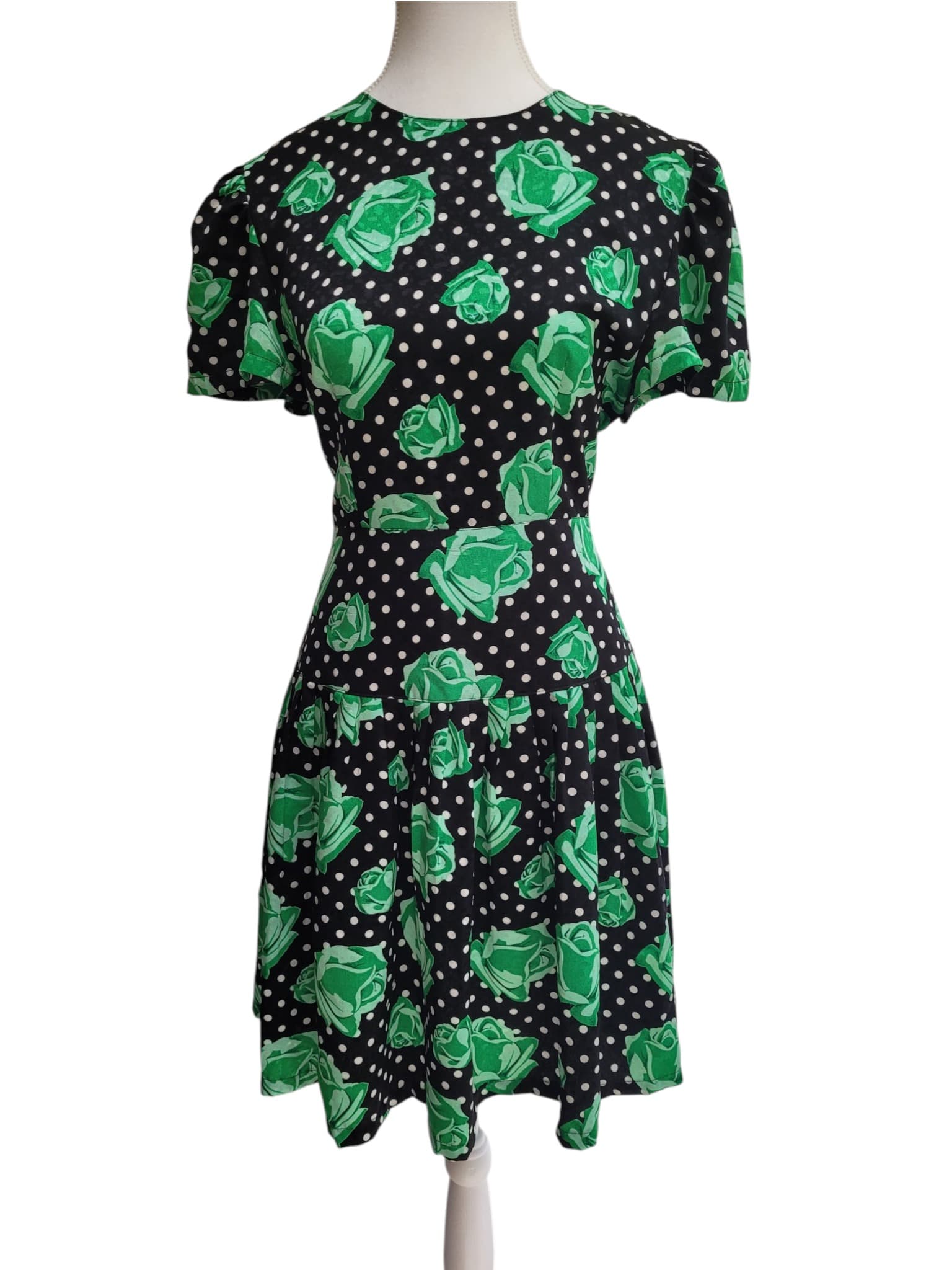 VINTAGE 1980s BONDER Black Green Rose Polka Dot Drop Waist Mini Dress — photo 1 of 7