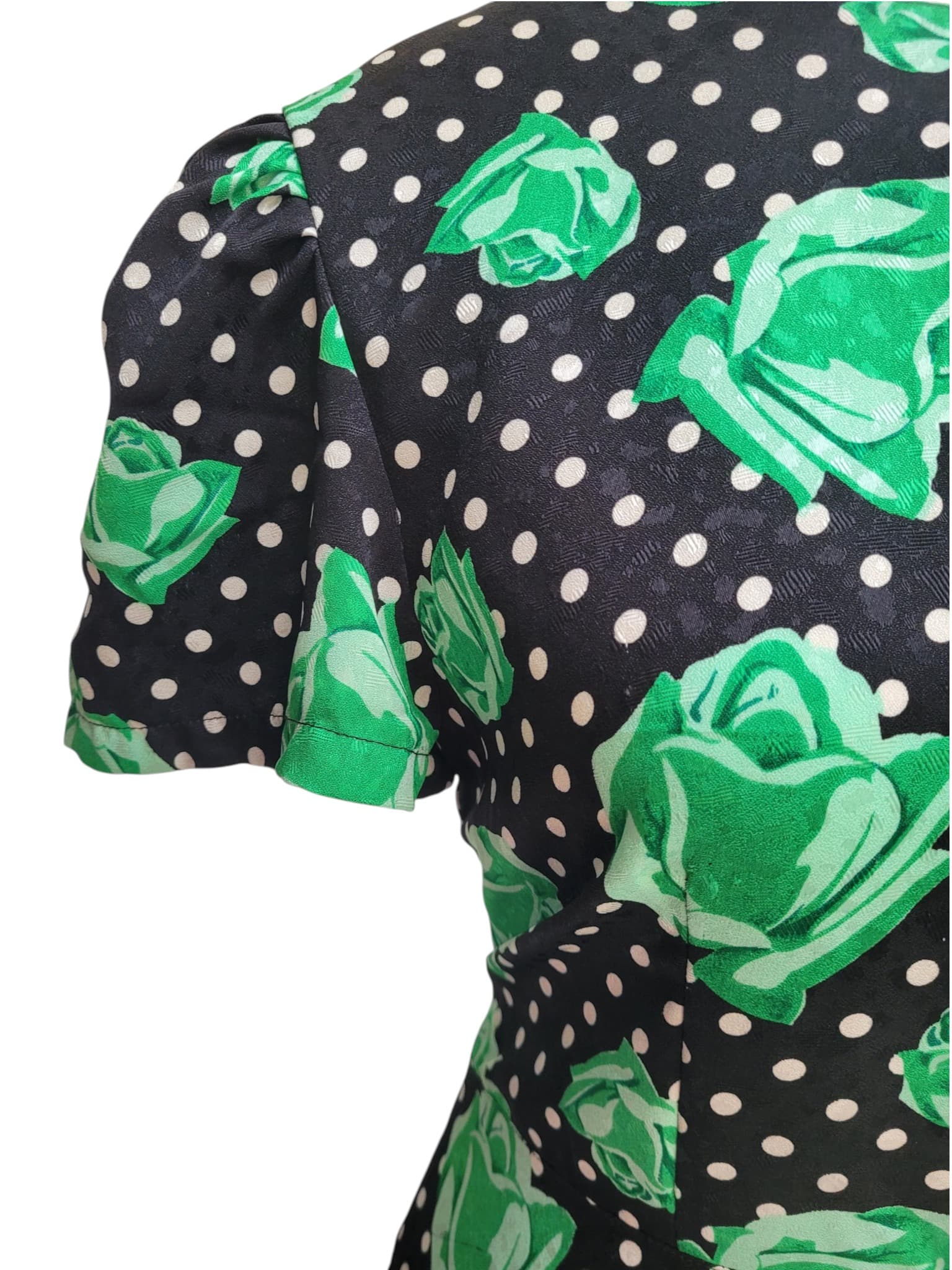 VINTAGE 1980s BONDER Black Green Rose Polka Dot Drop Waist Mini Dress — photo 3 of 7