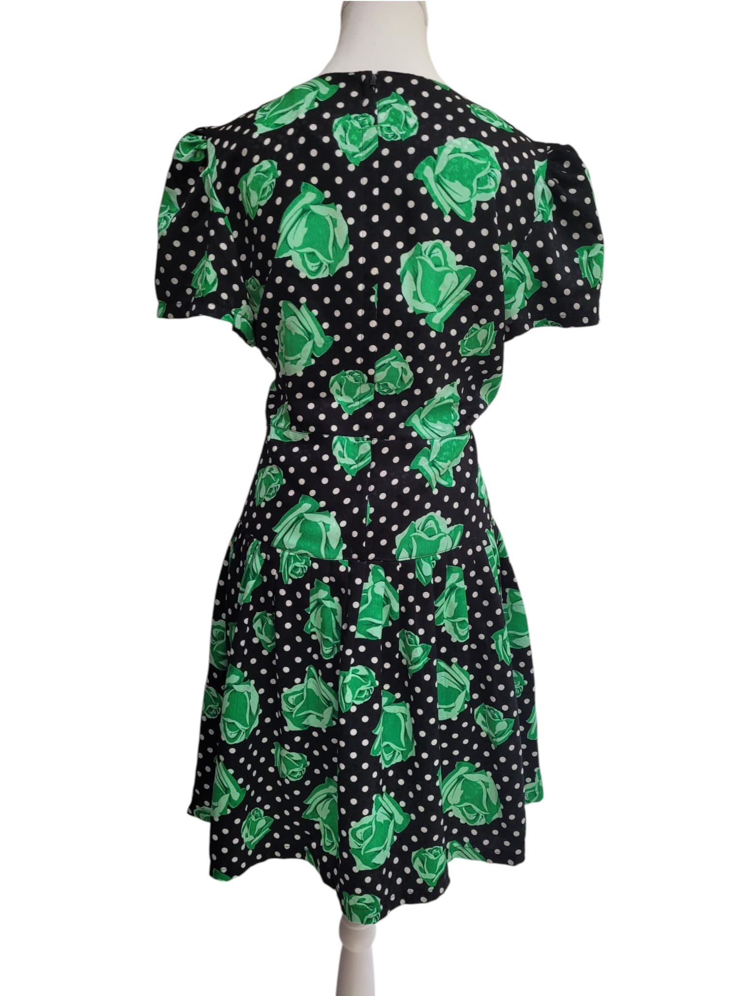 VINTAGE 1980s BONDER Black Green Rose Polka Dot Drop Waist Mini Dress — photo 4 of 7
