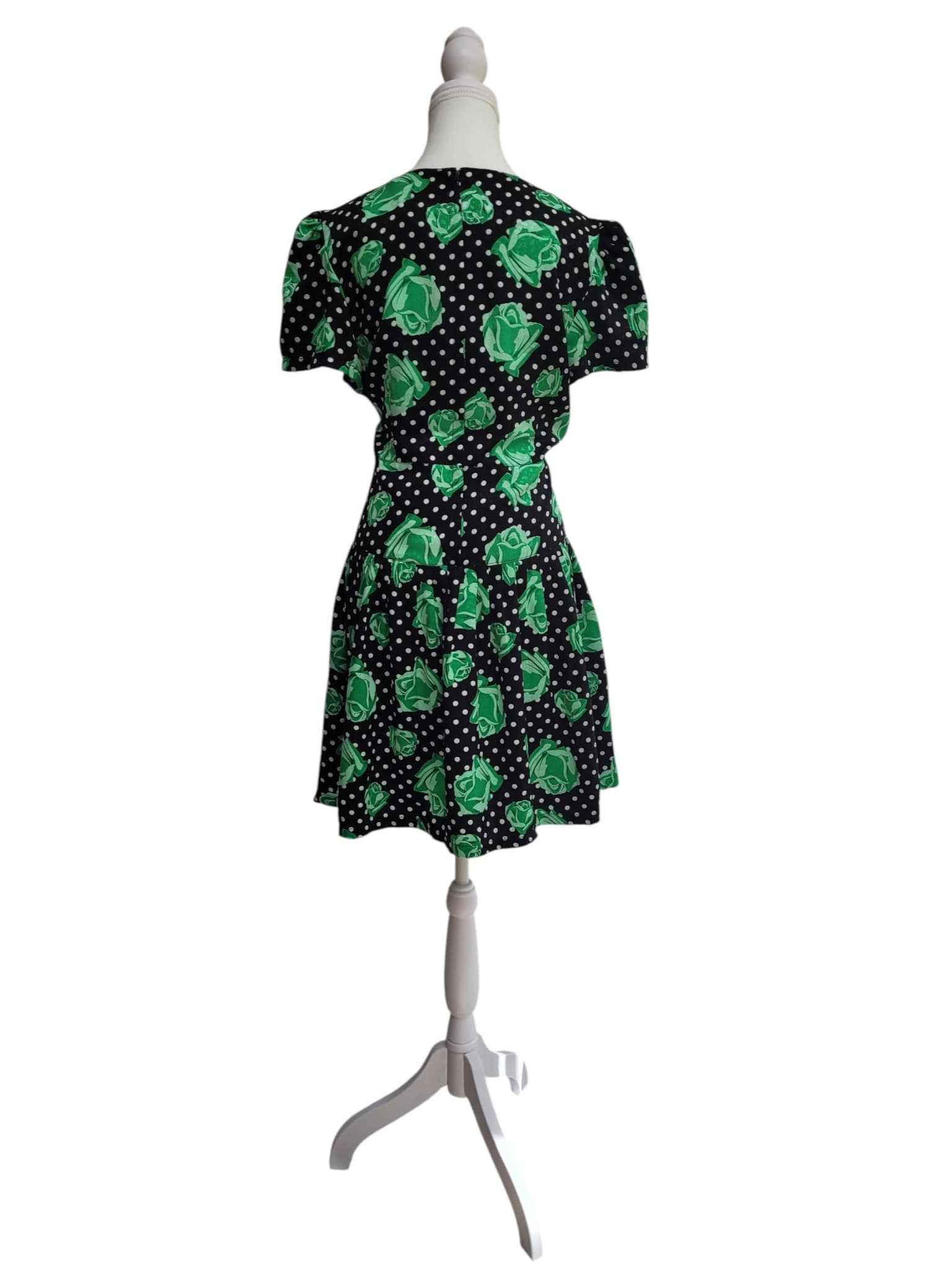 VINTAGE 1980s BONDER Black Green Rose Polka Dot Drop Waist Mini Dress — photo 5 of 7