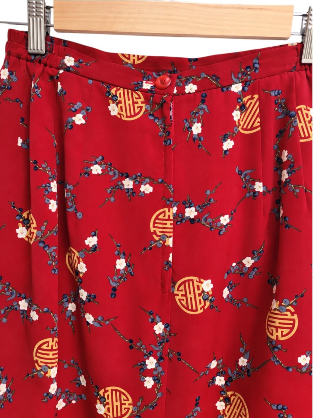 Vintage 70s Style Red Floral Midi Skirt Asian Inspired Women's Size 10 — photo 6 of 7