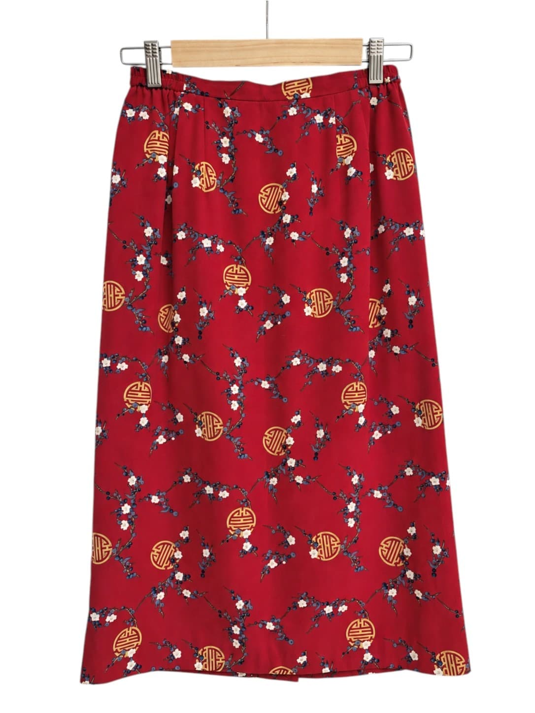 Vintage 70s Style Red Floral Midi Skirt Asian Inspired Women's Size 10 — photo 2 of 7