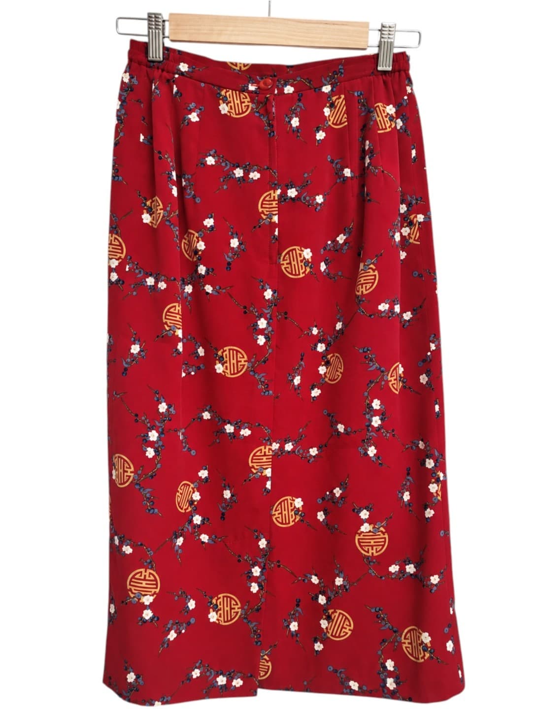 Vintage 70s Style Red Floral Midi Skirt Asian Inspired Women's Size 10 — photo 3 of 7