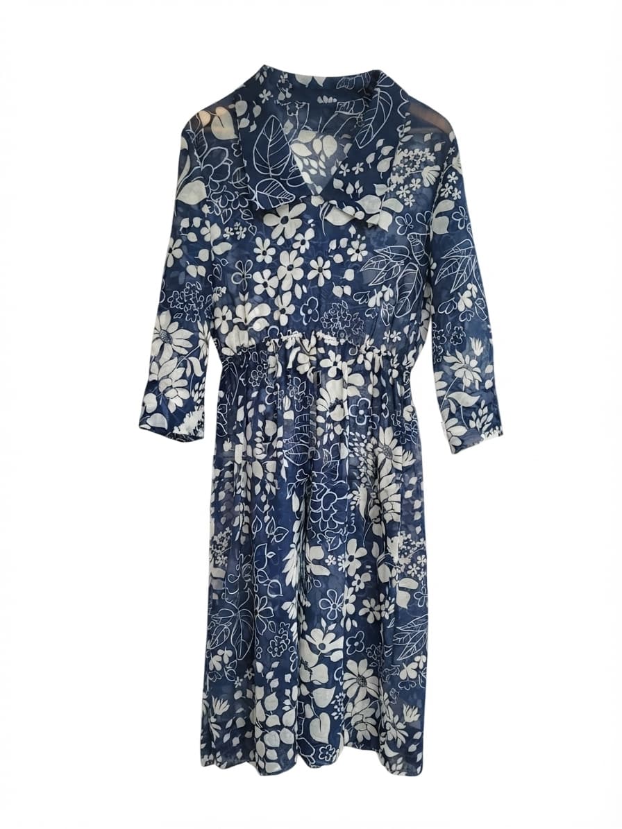 Vintage Blue and White Floral Sheer Collared Midi Dress — photo 2 of 5