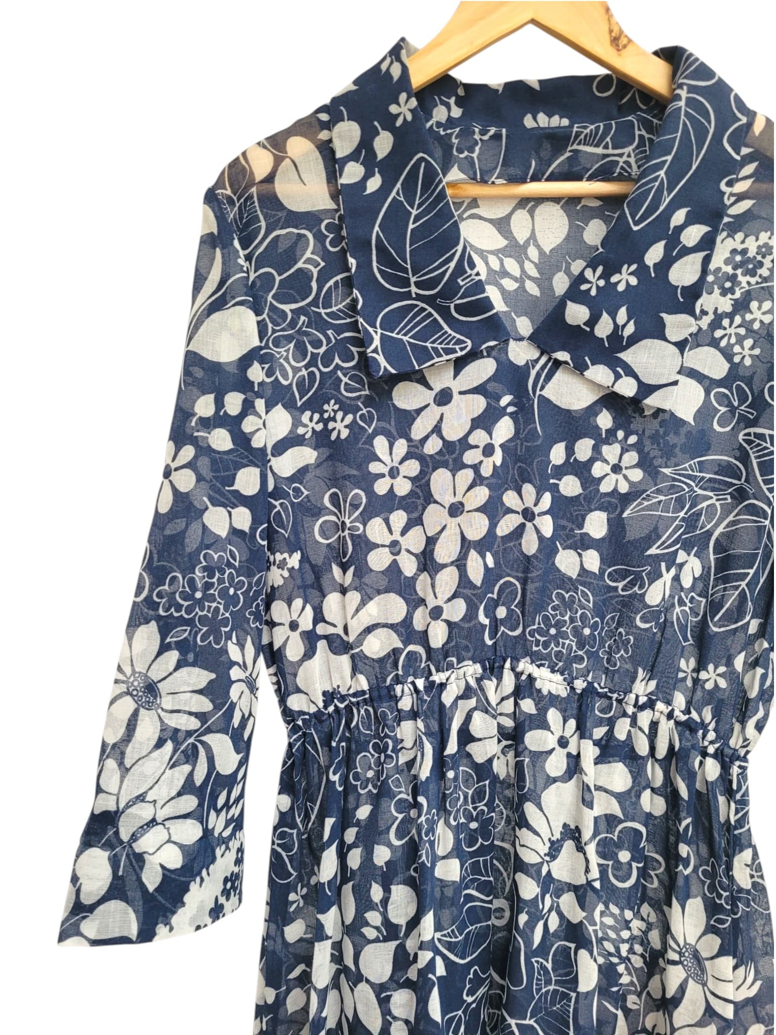 Vintage Blue and White Floral Sheer Collared Midi Dress — photo 1 of 5