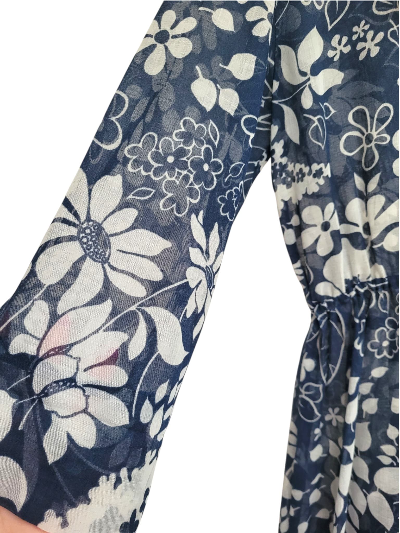 Vintage Blue and White Floral Sheer Collared Midi Dress — photo 3 of 5