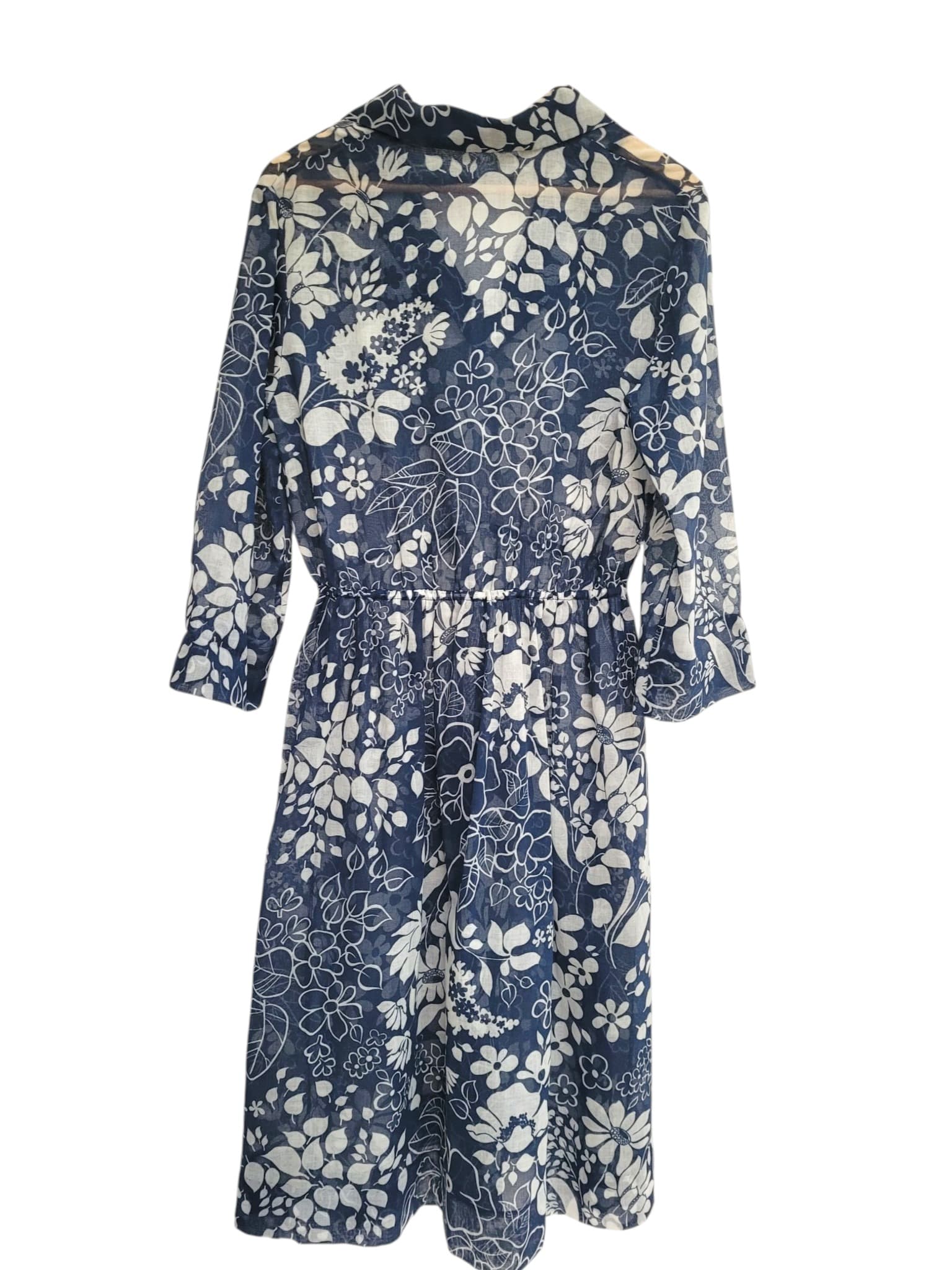 Vintage Blue and White Floral Sheer Collared Midi Dress — photo 4 of 5
