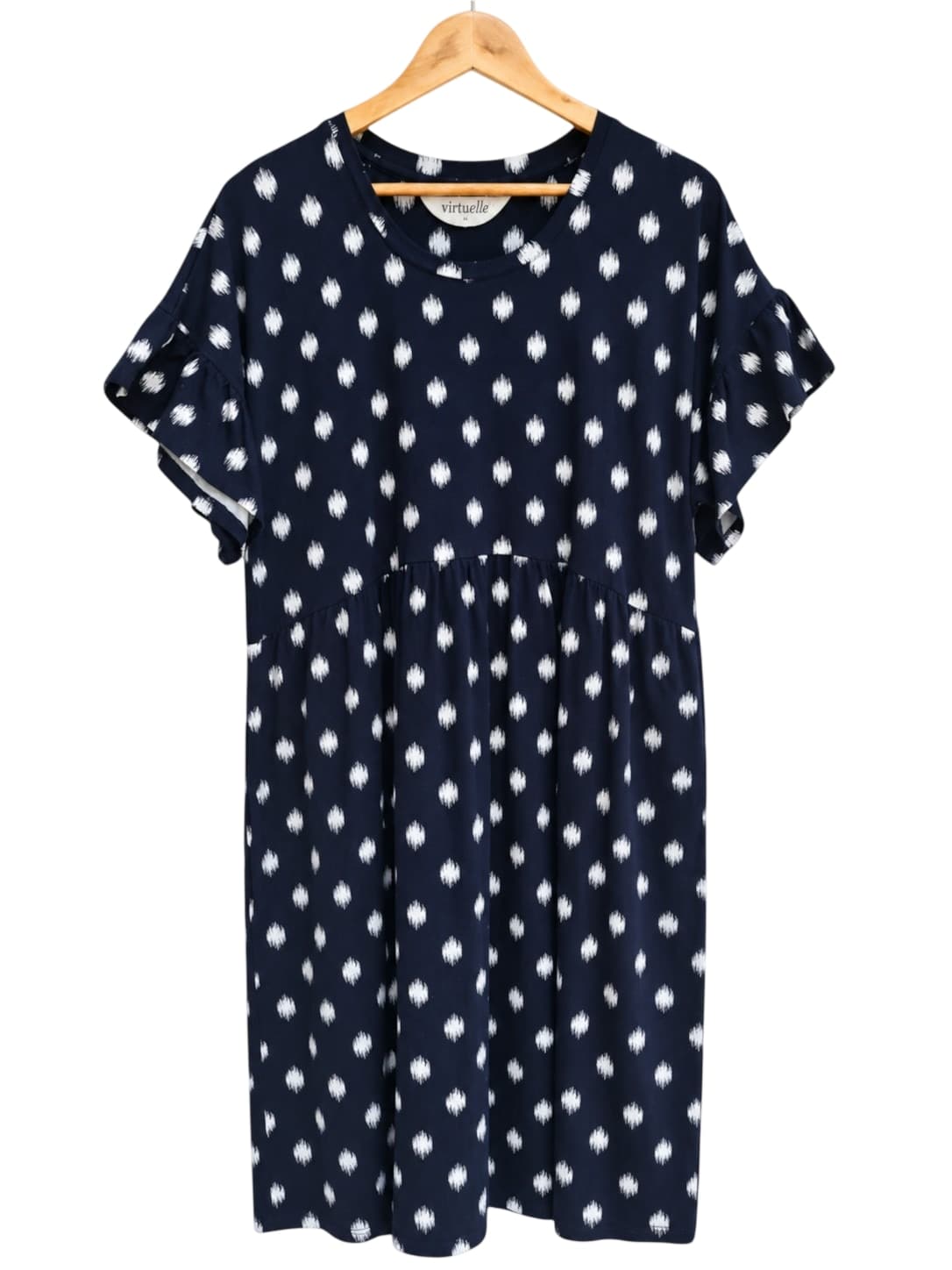VIRTUELLE Navy White Ikat Spot Flutter Sleeve Cotton Dress Size 14 — photo 1 of 6