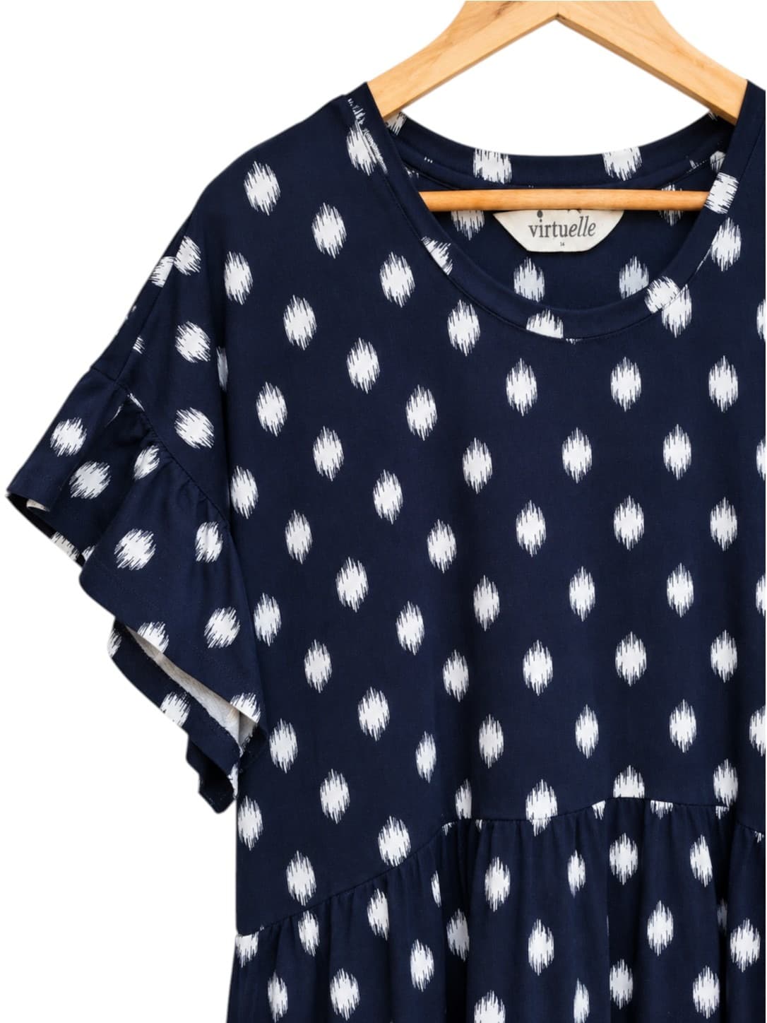 VIRTUELLE Navy White Ikat Spot Flutter Sleeve Cotton Dress Size 14 — photo 3 of 6