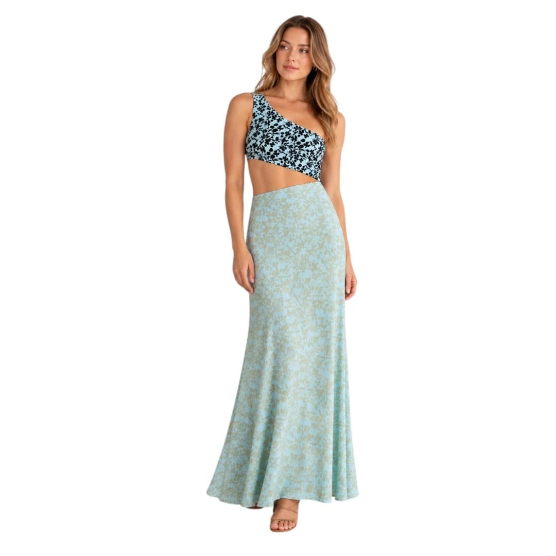 VRG GRL One Shoulder Midi Dress Floral Cut Out Blue Women's 4 — photo 2 of 9