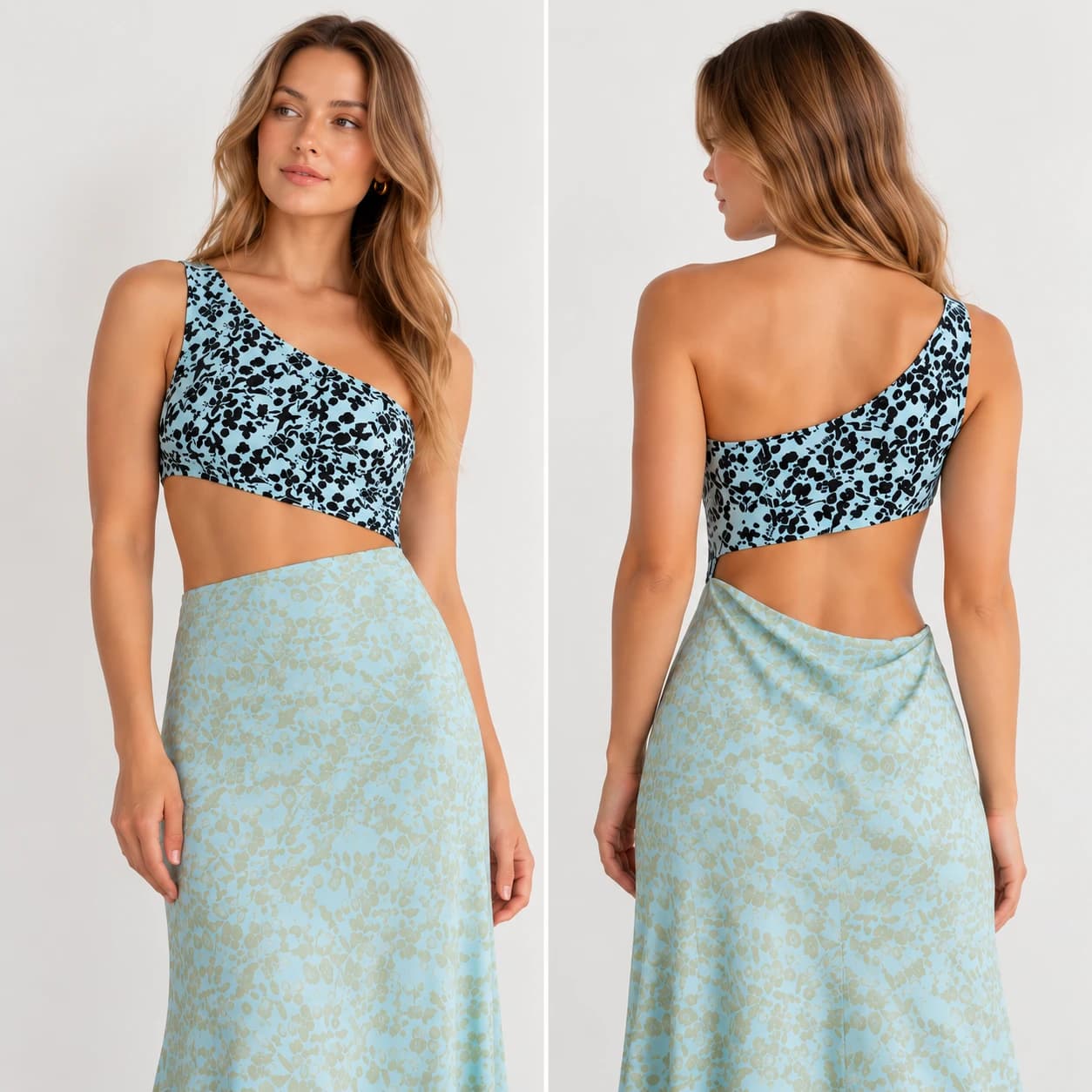 VRG GRL One Shoulder Midi Dress Floral Cut Out Blue Women's 4 — photo 1 of 9