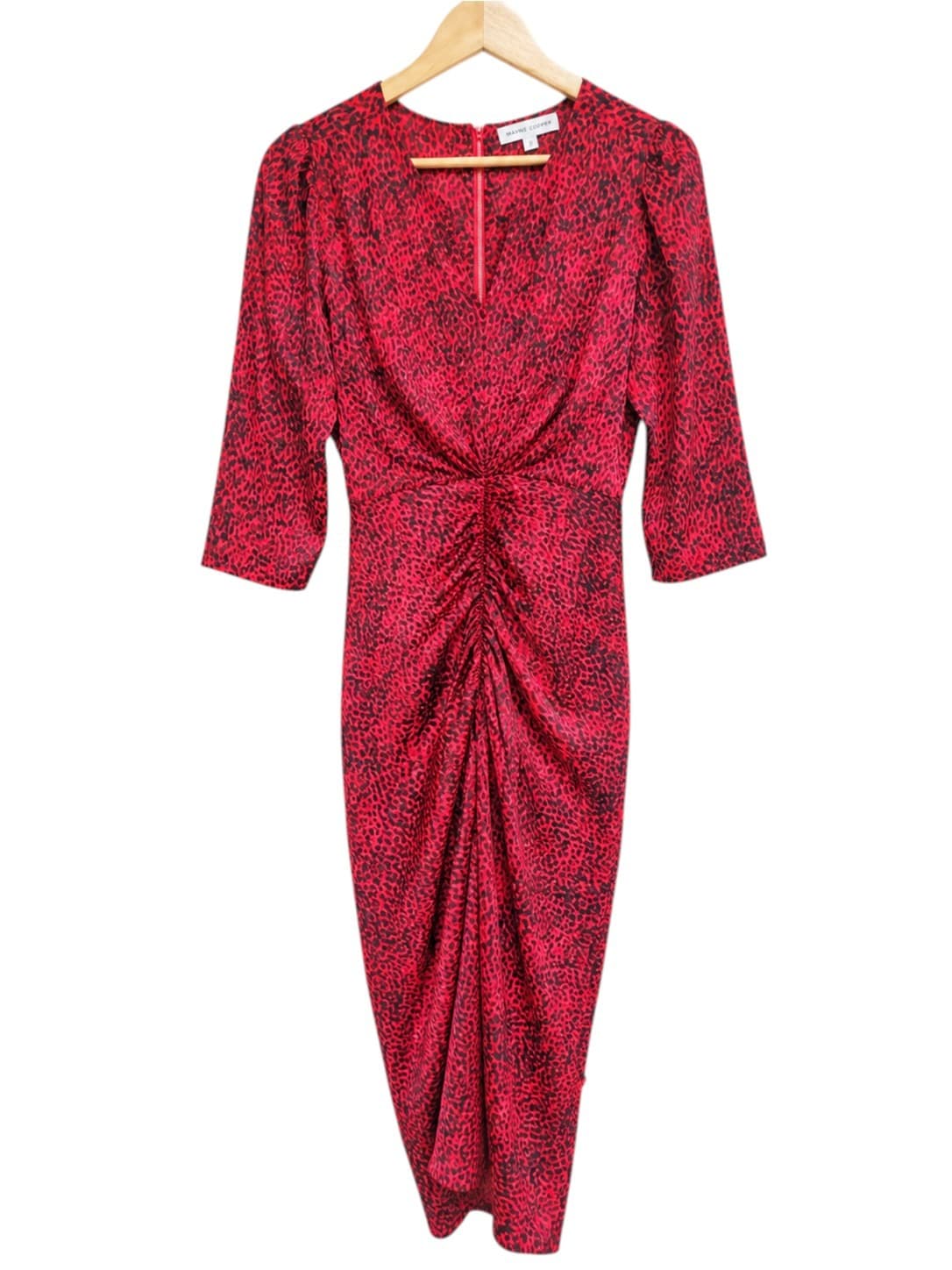 Wayne Cooper Womens Midi Dress Size 8 Pink Black Leopard Print Ruched — photo 2 of 7