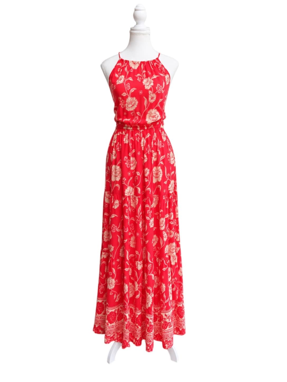 White Closet Womens Maxi Dress Size 10 Red Floral Halter Open Back Boho — photo 1 of 5