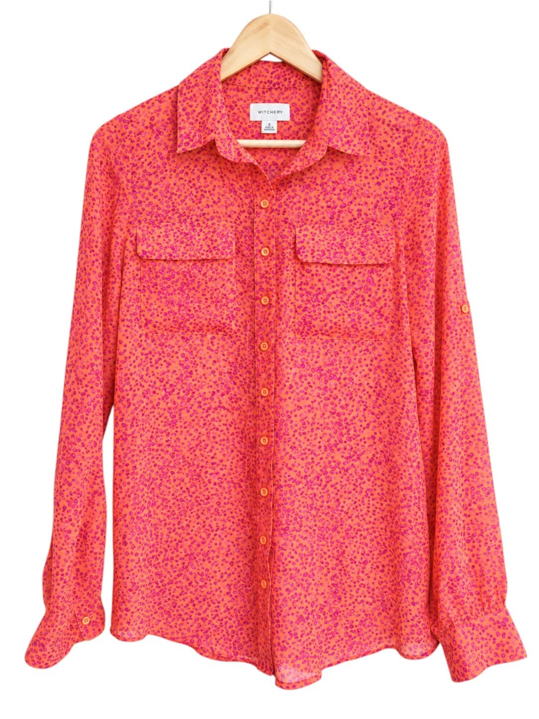 WITCHERY Orange Pink Animal Print Button Up Long Sleeve Blouse Size 8 — photo 2 of 6