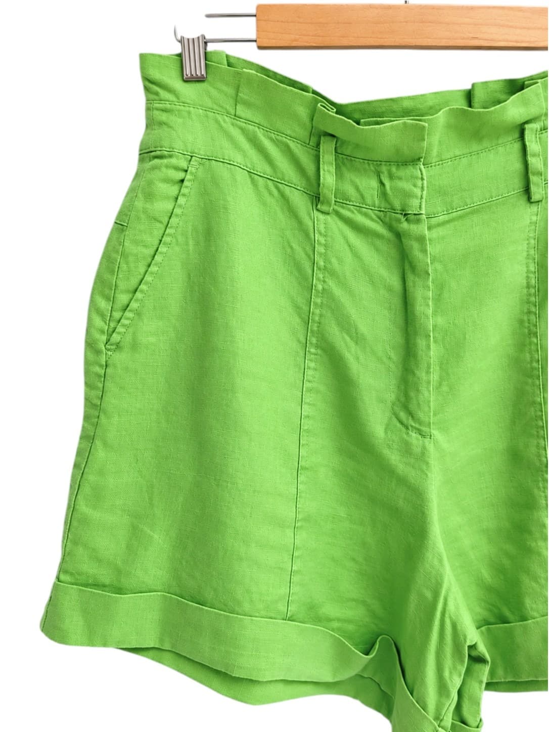 Witchery Womens Linen Shorts Size 12 Apple Green High Waist Cuffed Hem — photo 2 of 5