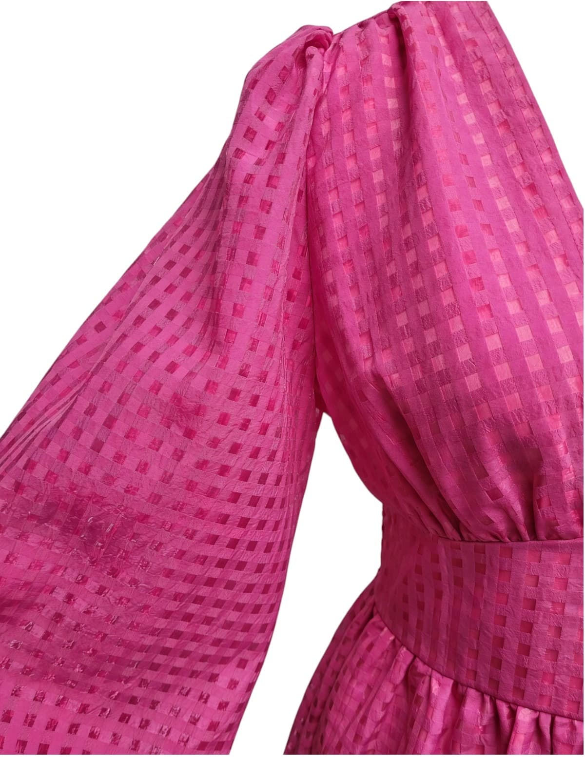 YH & CO Hot Pink Check Puff Sleeve Midi Dress Size 8 — photo 4 of 10