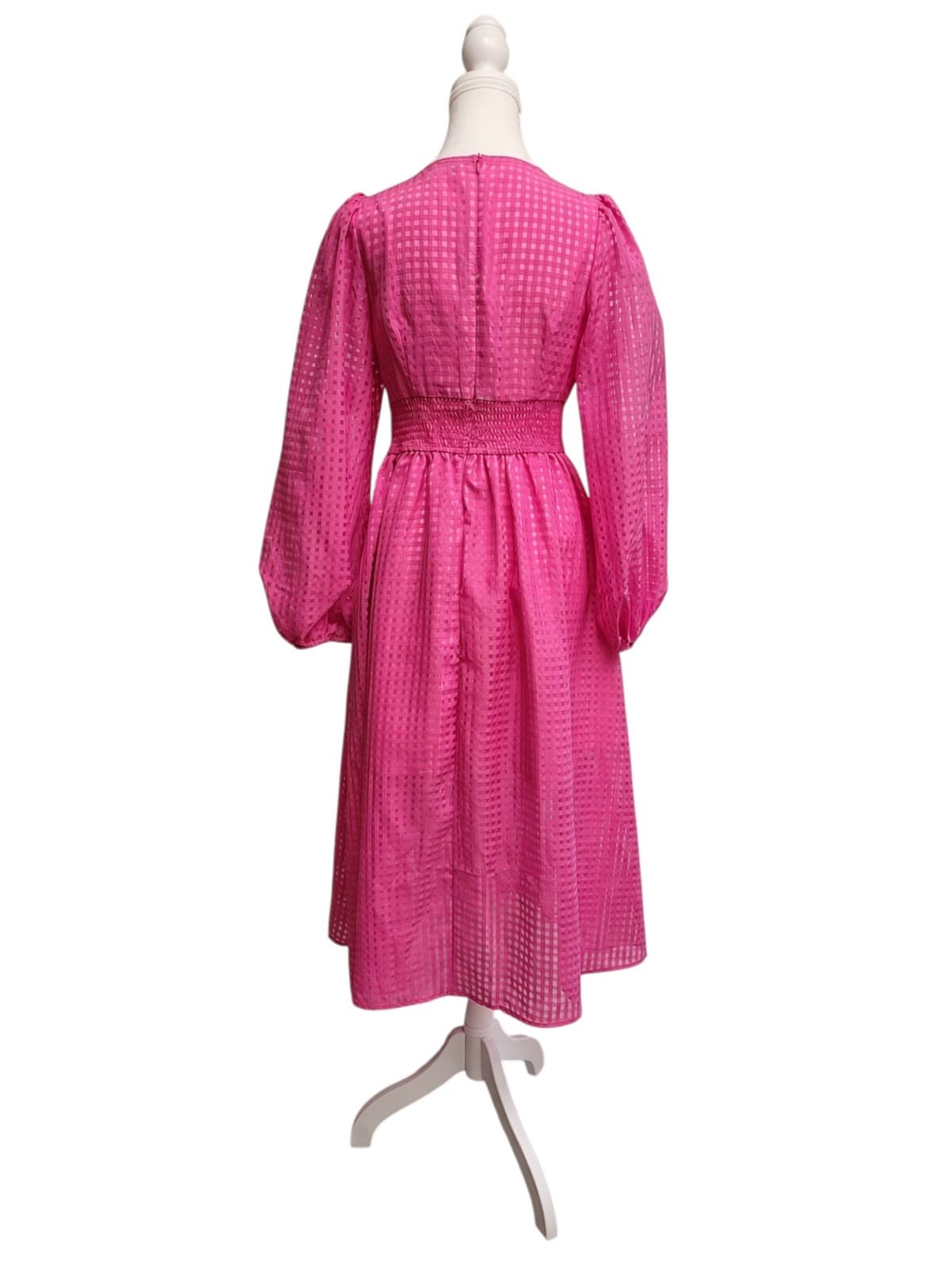 YH & CO Hot Pink Check Puff Sleeve Midi Dress Size 8 — photo 3 of 10