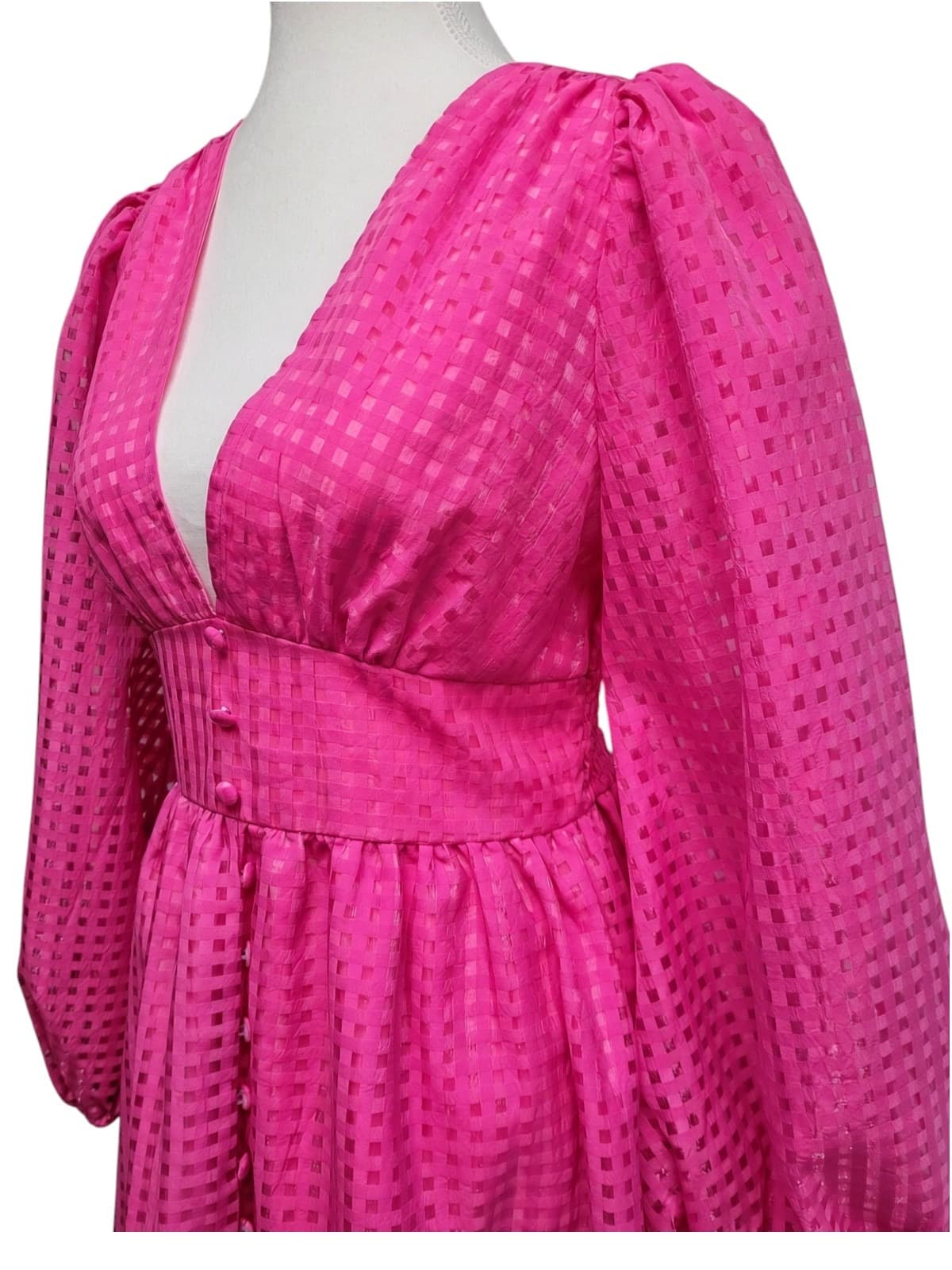 YH & CO Hot Pink Check Puff Sleeve Midi Dress Size 8 — photo 5 of 10