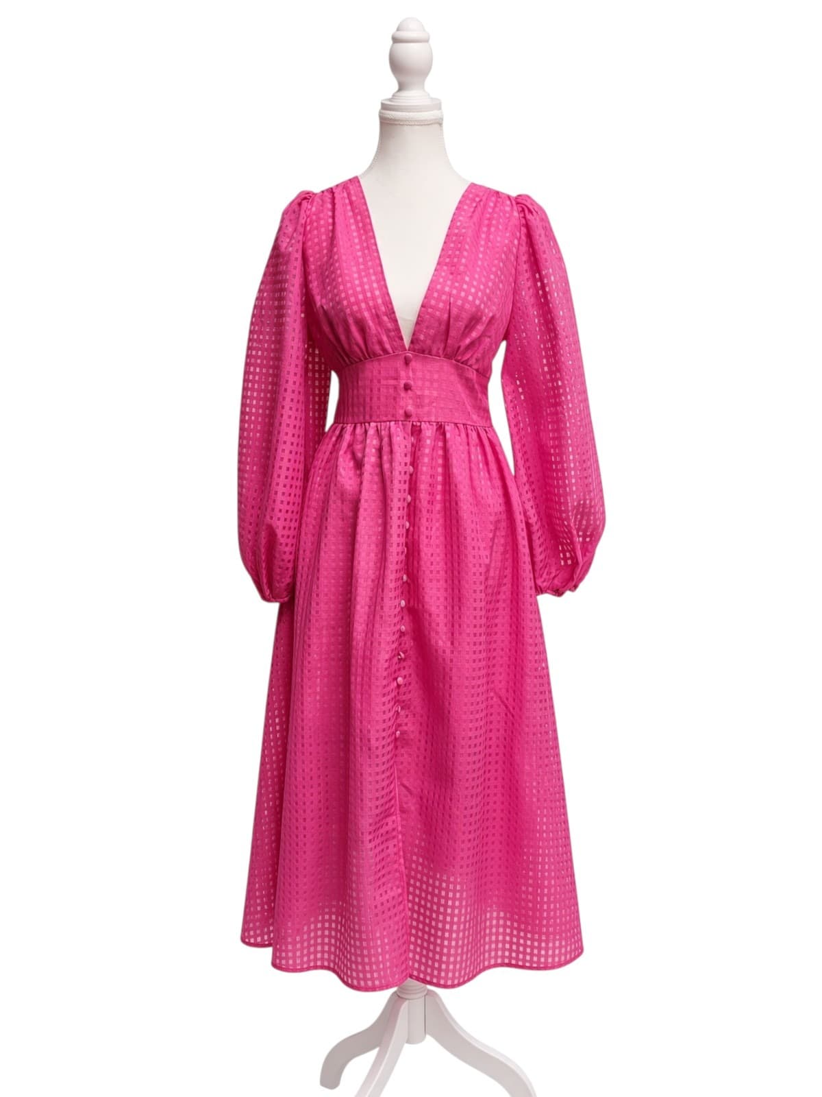 YH & CO Hot Pink Check Puff Sleeve Midi Dress Size 8 — photo 2 of 10