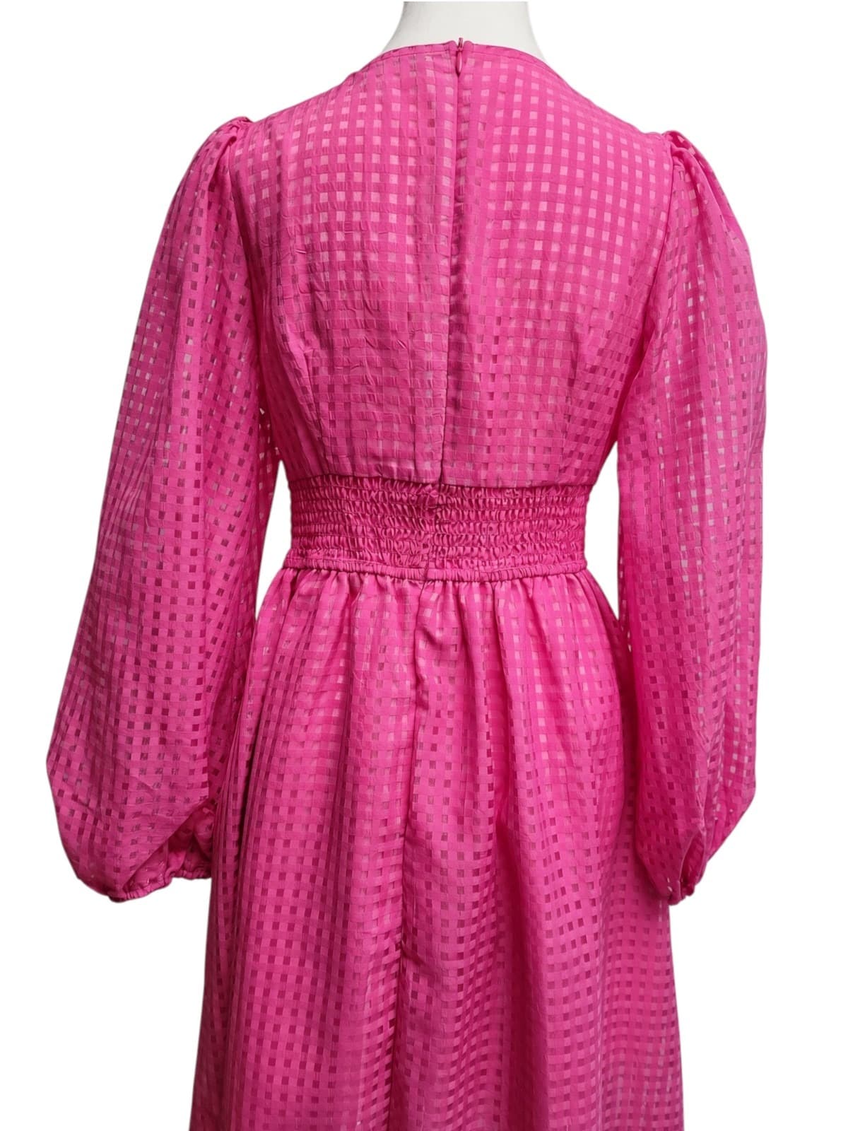 YH & CO Hot Pink Check Puff Sleeve Midi Dress Size 8 — photo 7 of 10