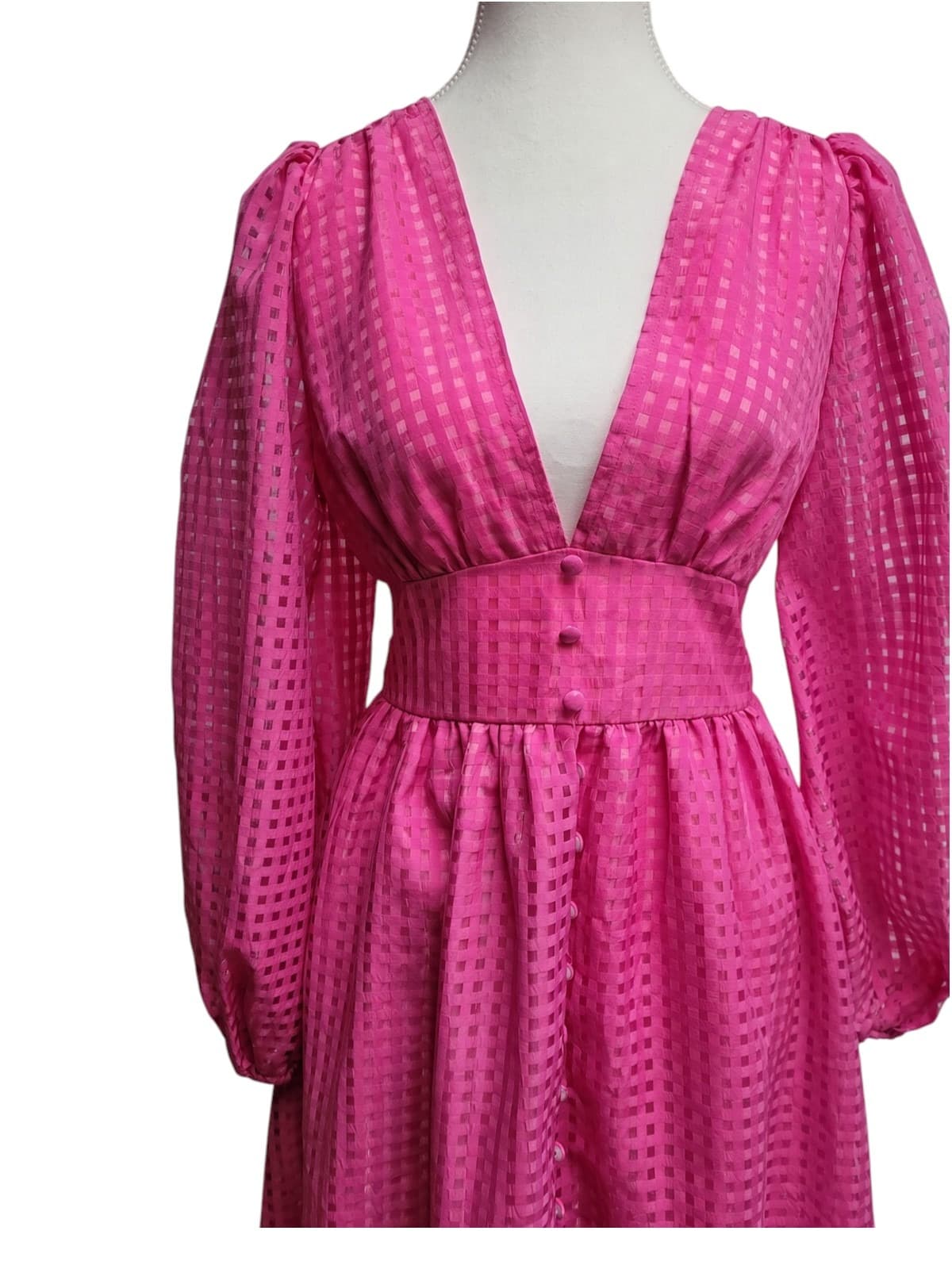 YH & CO Hot Pink Check Puff Sleeve Midi Dress Size 8 — photo 1 of 10