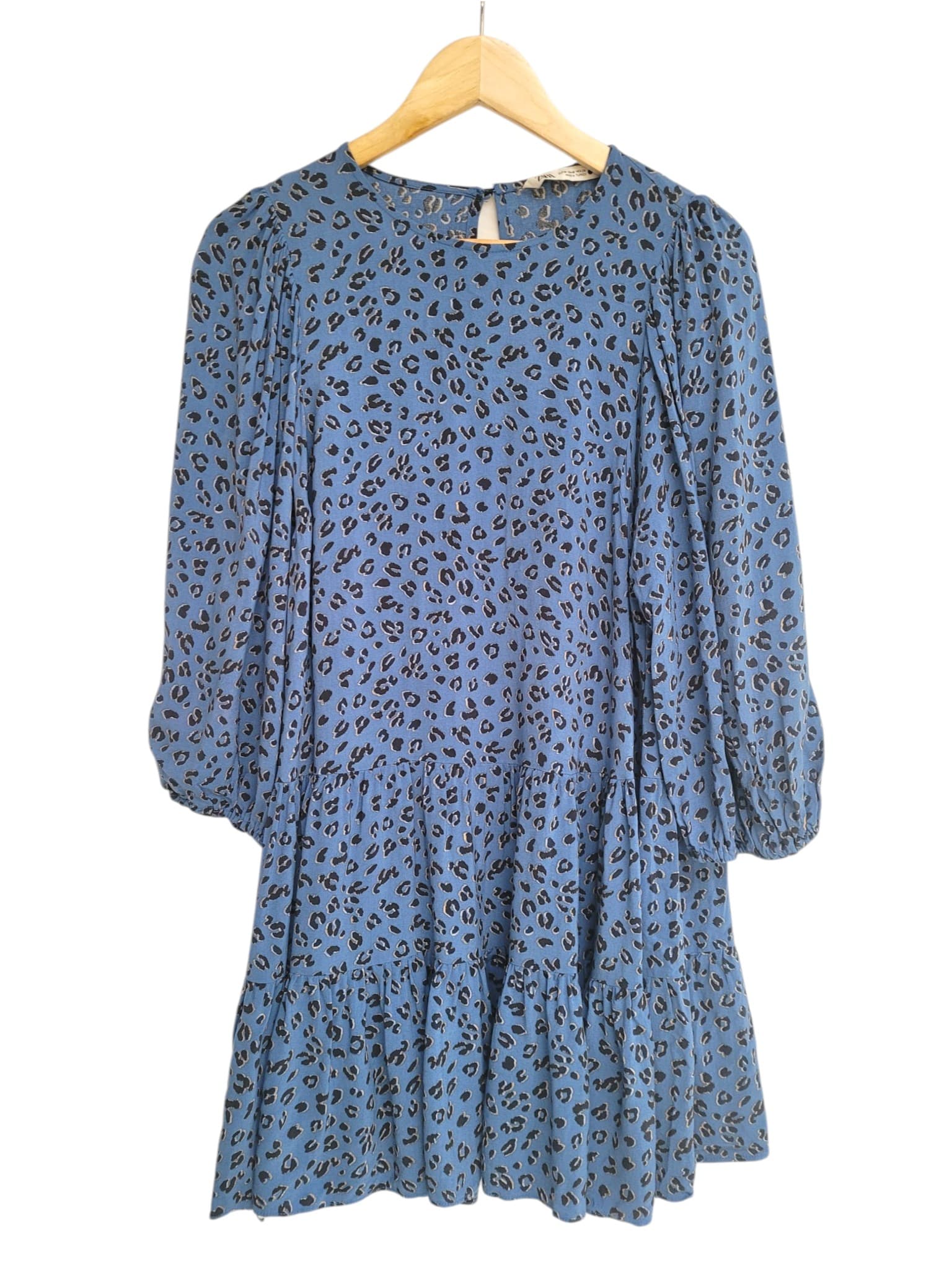 ZARA Blue Leopard Print Tiered Smock Mini Dress Puff Sleeve Size M — photo 1 of 7