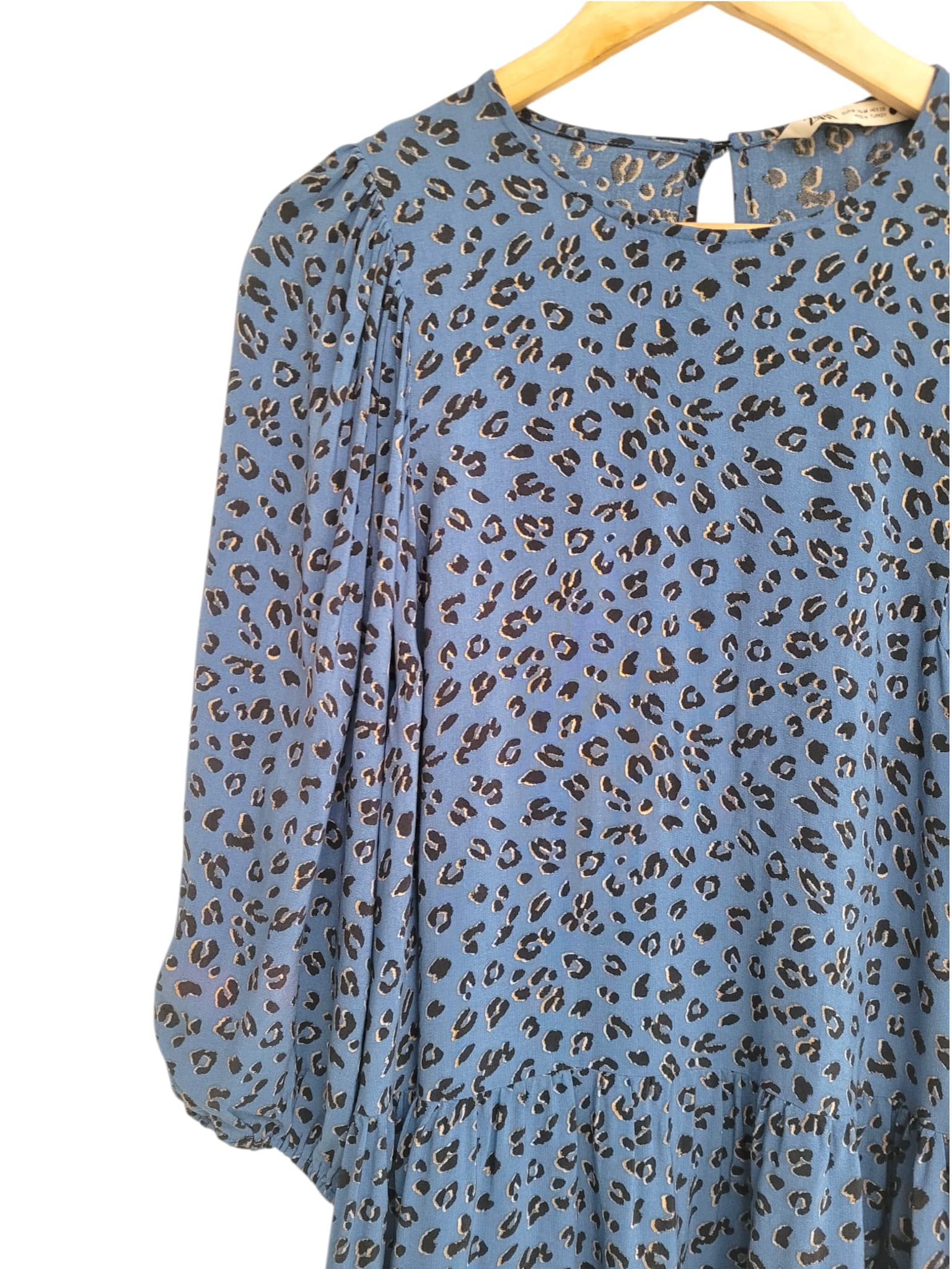 ZARA Blue Leopard Print Tiered Smock Mini Dress Puff Sleeve Size M — photo 2 of 7