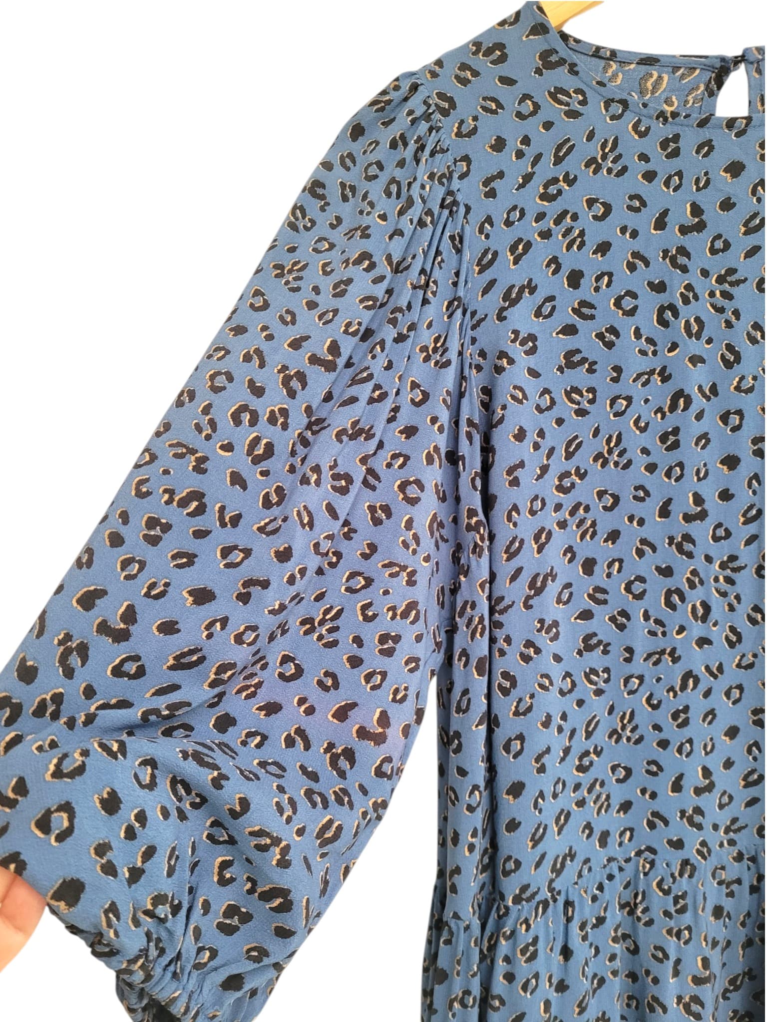 ZARA Blue Leopard Print Tiered Smock Mini Dress Puff Sleeve Size M — photo 3 of 7