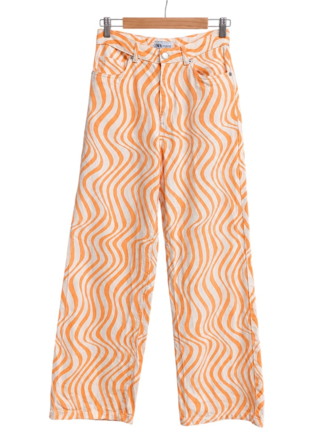 Zara Womens Jeans EUR 36 Orange Cream Wavy Stripe Wide Leg Retro Y2K — photo 2 of 6