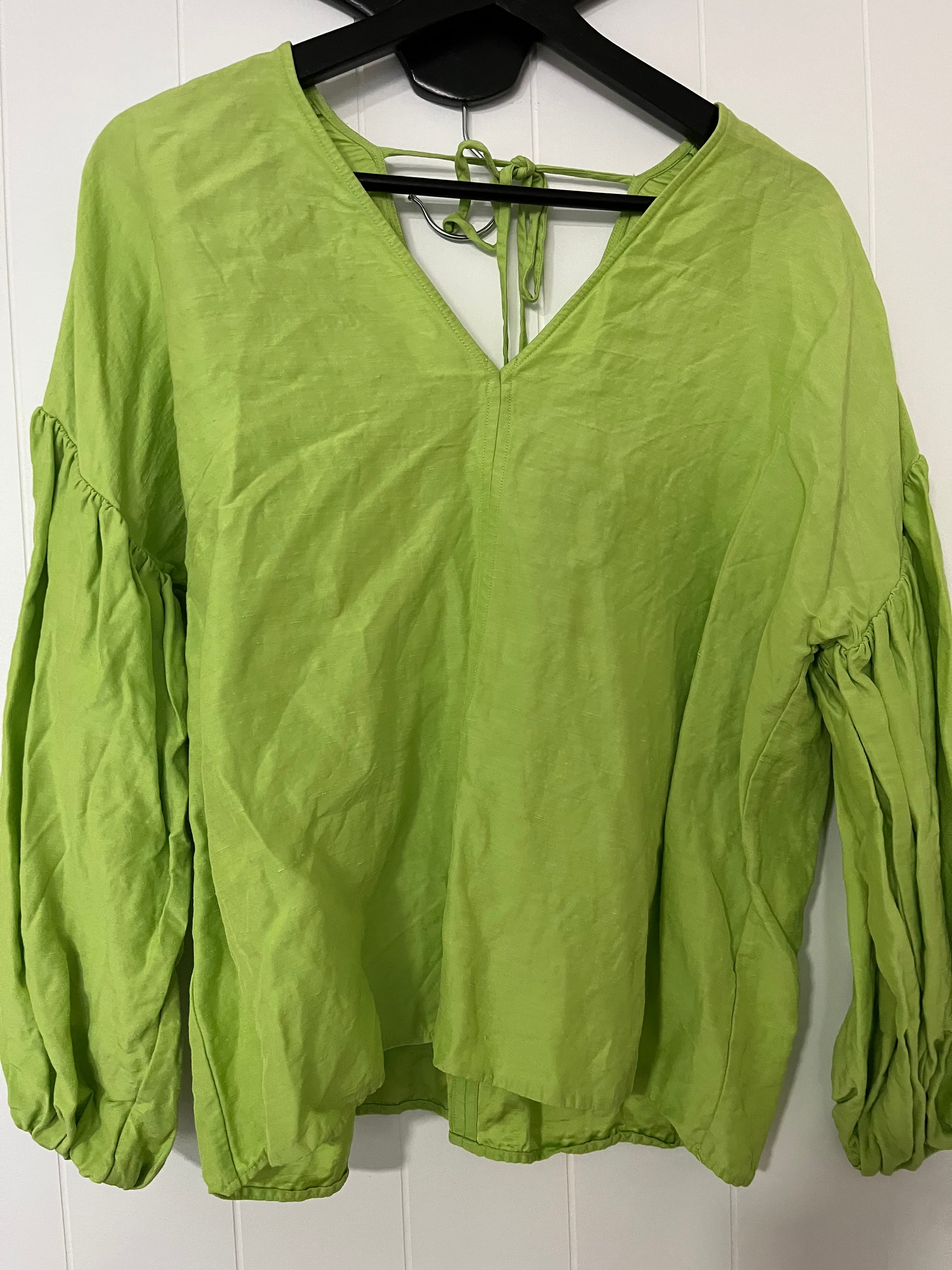 Country Road Lime Green Linen Blend V-Neck Balloon Sleeve Blouse Size 8 — photo 2 of 5
