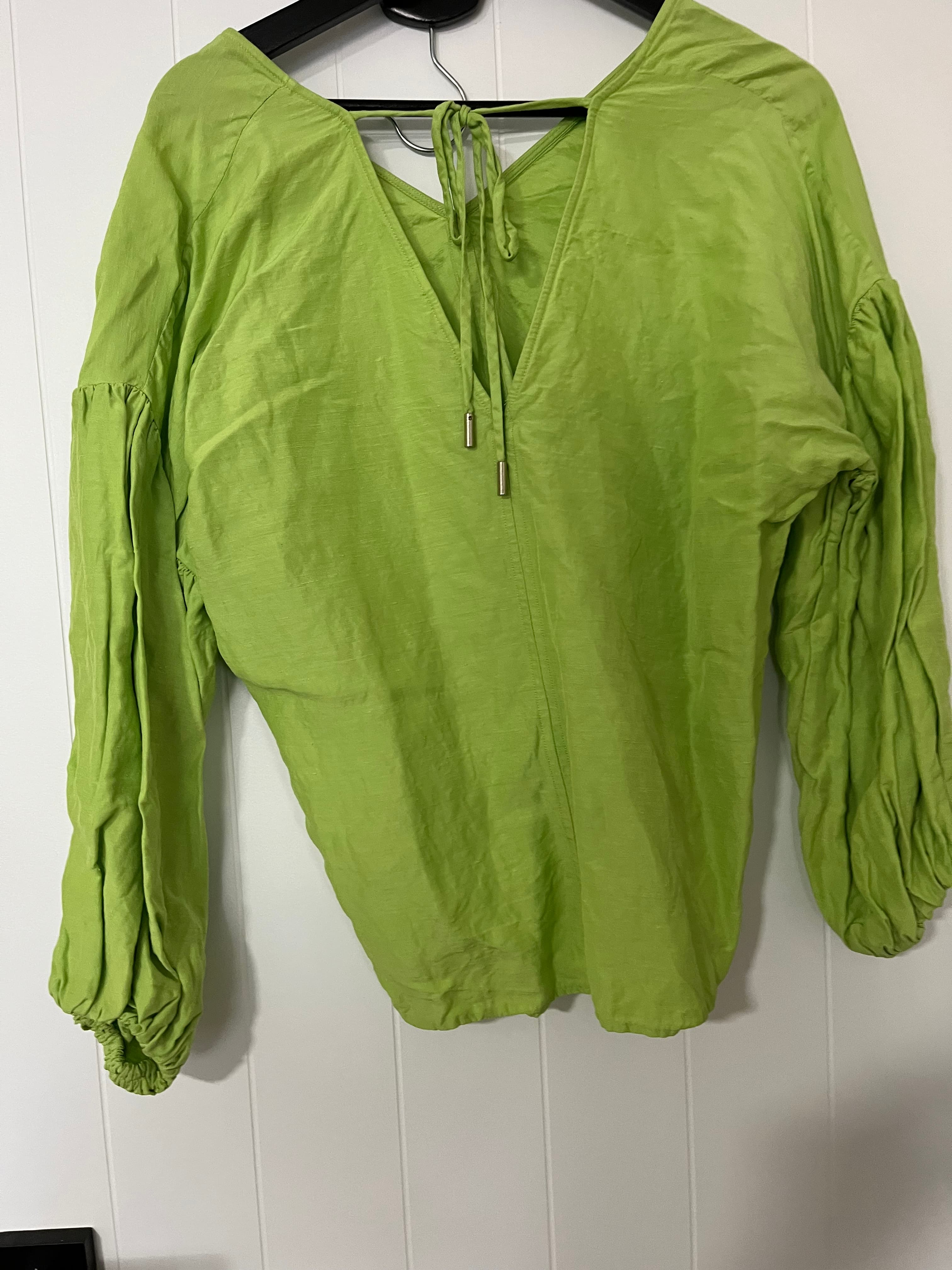 Country Road Lime Green Linen Blend V-Neck Balloon Sleeve Blouse Size 8 — photo 3 of 5