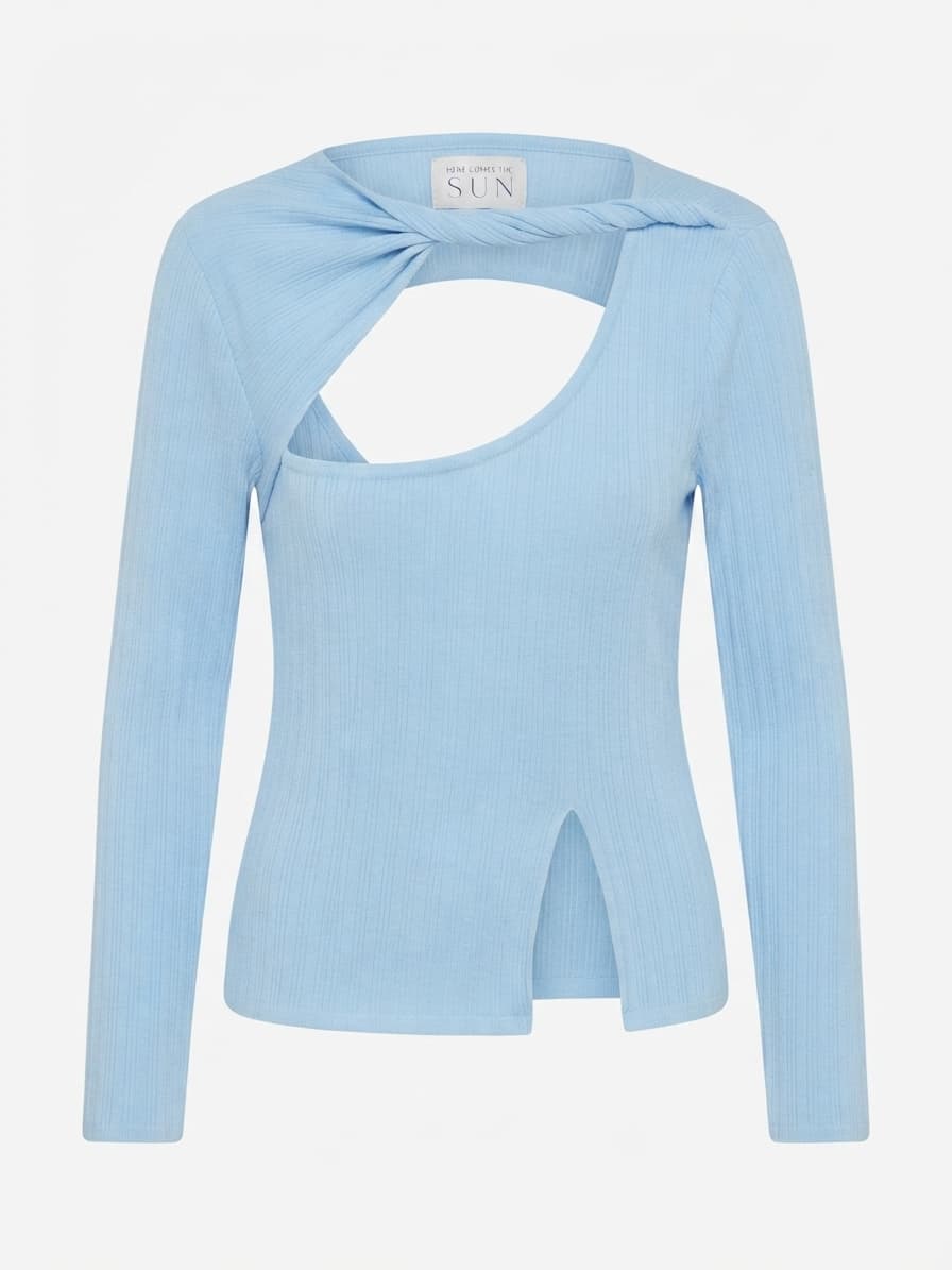 Here Comes The Sun Ribbed Cut-Out Long Sleeve Top Light Blue — photo 1 of 7