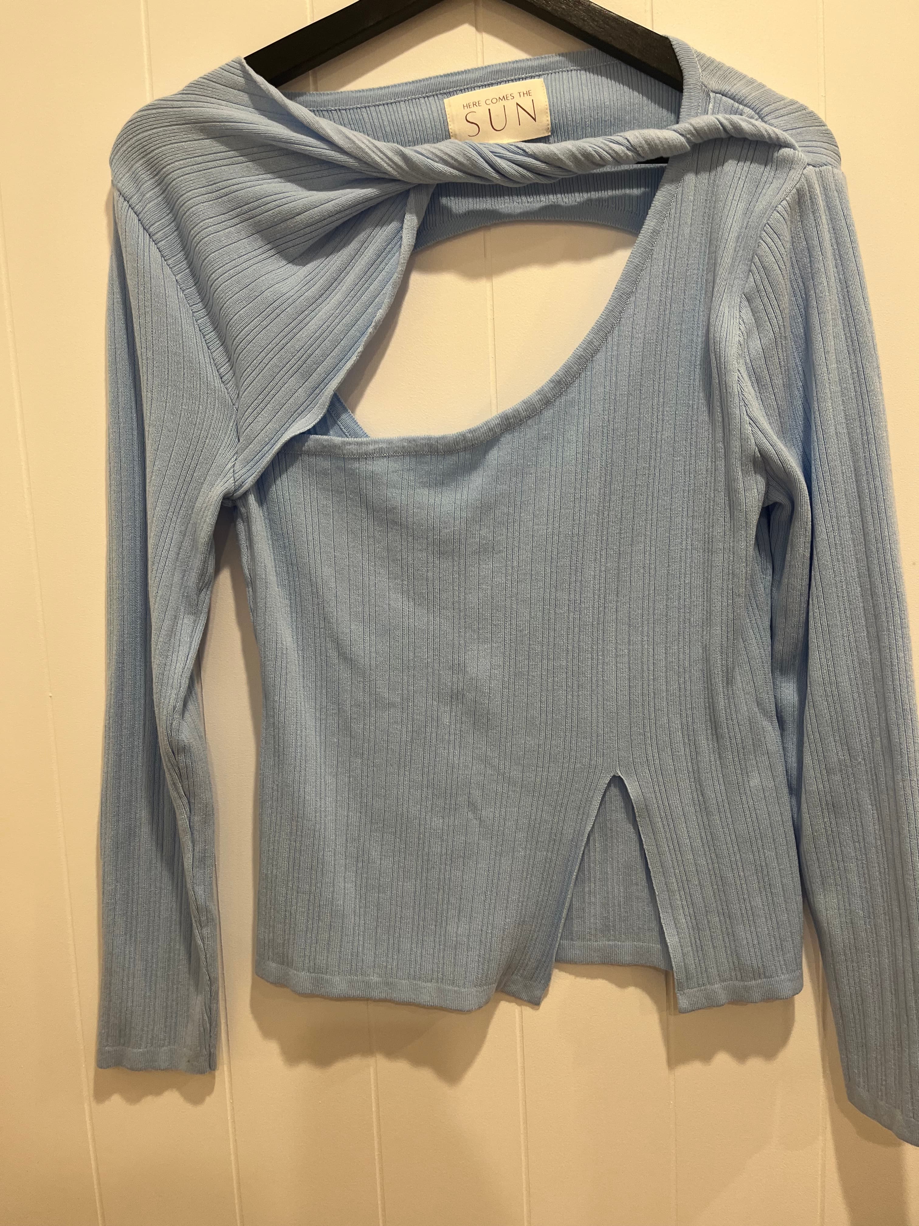 Here Comes The Sun Ribbed Cut-Out Long Sleeve Top Light Blue — photo 2 of 7