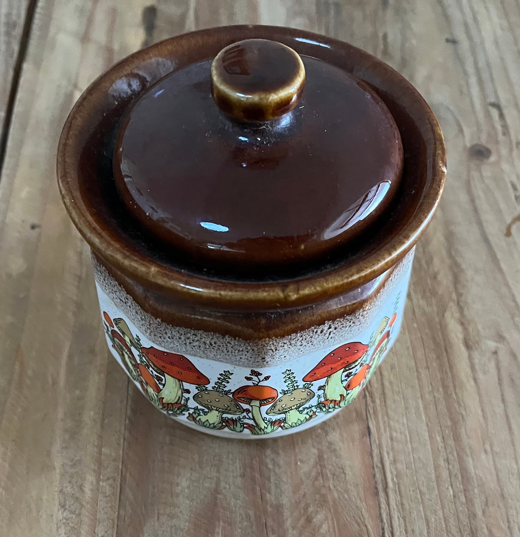 Mid-Century Modern Mushroom Pattern Ceramic Lidded Jar Retro Kitchen Decor — photo 1 of 7