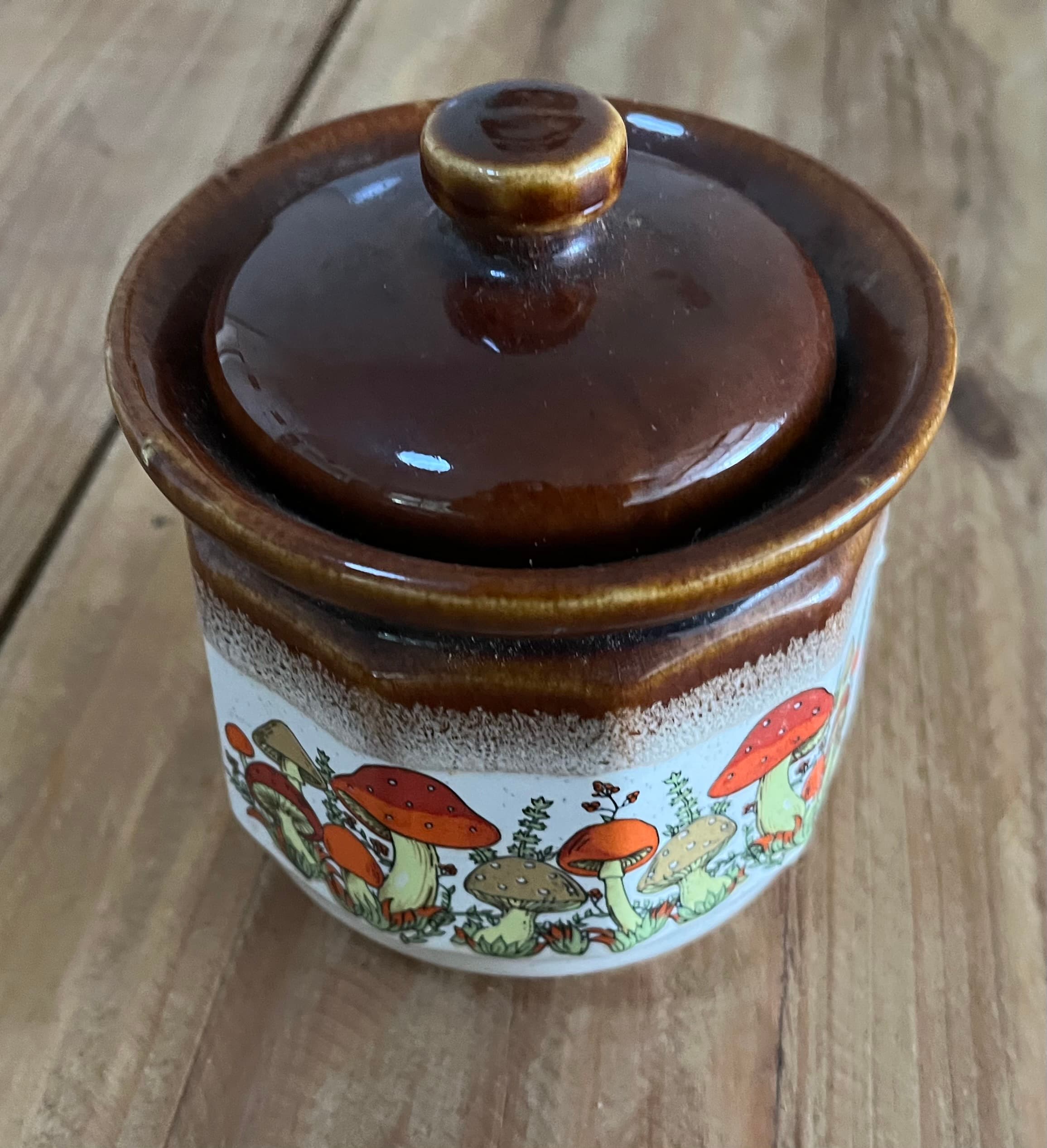 Mid-Century Modern Mushroom Pattern Ceramic Lidded Jar Retro Kitchen Decor — photo 2 of 7