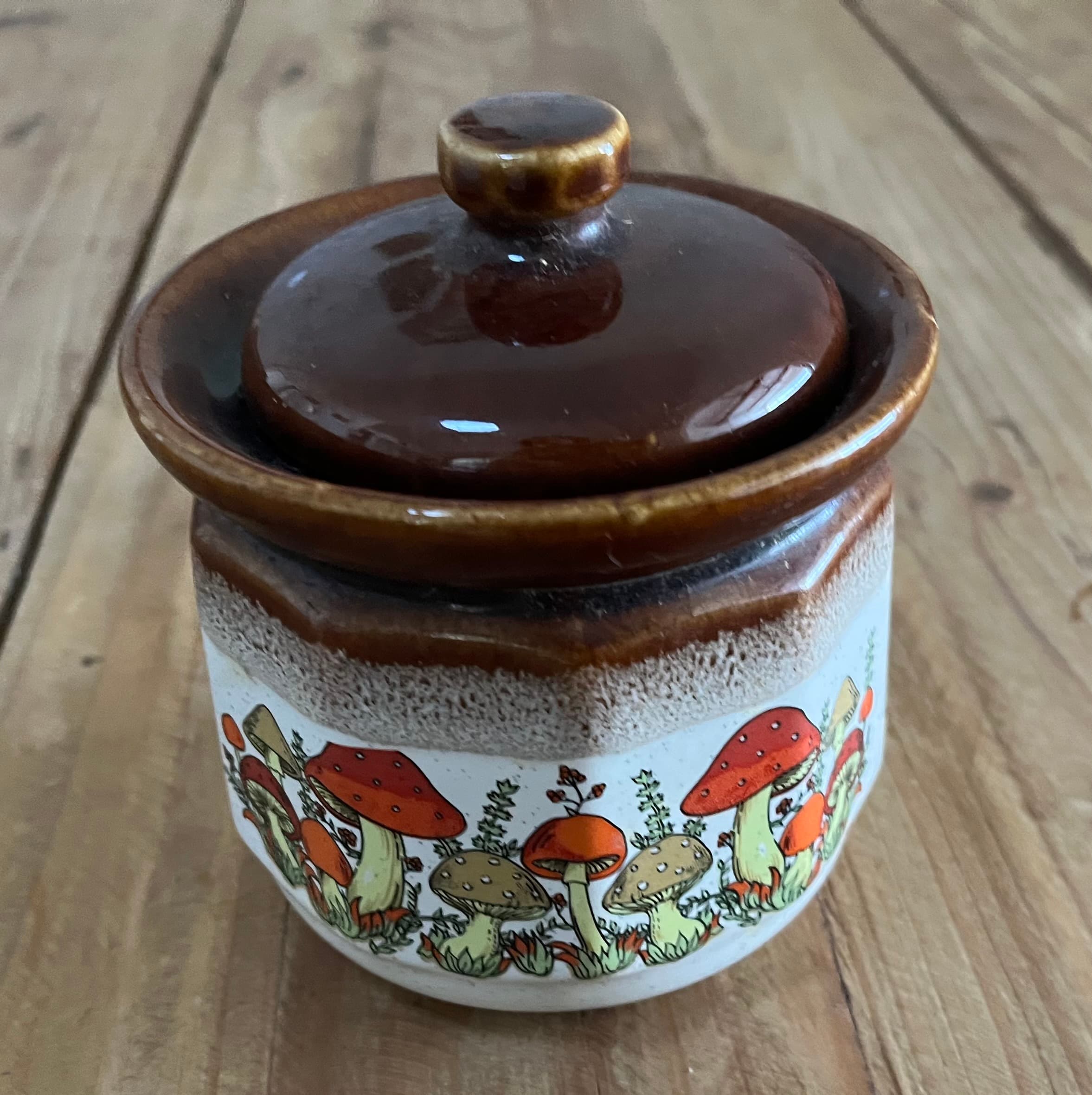 Mid-Century Modern Mushroom Pattern Ceramic Lidded Jar Retro Kitchen Decor — photo 3 of 7
